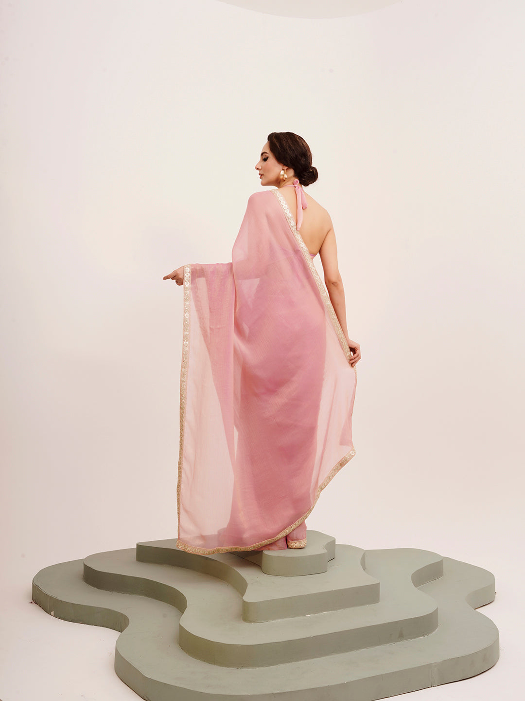 Pink Beautiful Partywear Sequinned Chiffon Saree