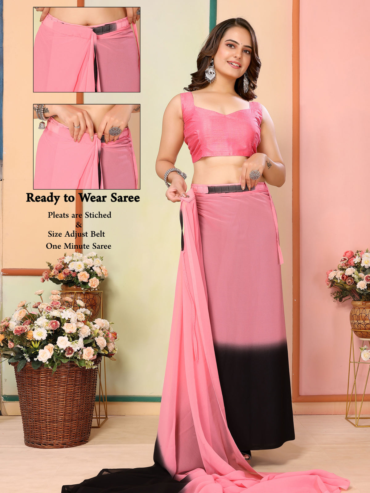 Pink Beautiful Pedding Printed Georgette Ready To Wear Saree