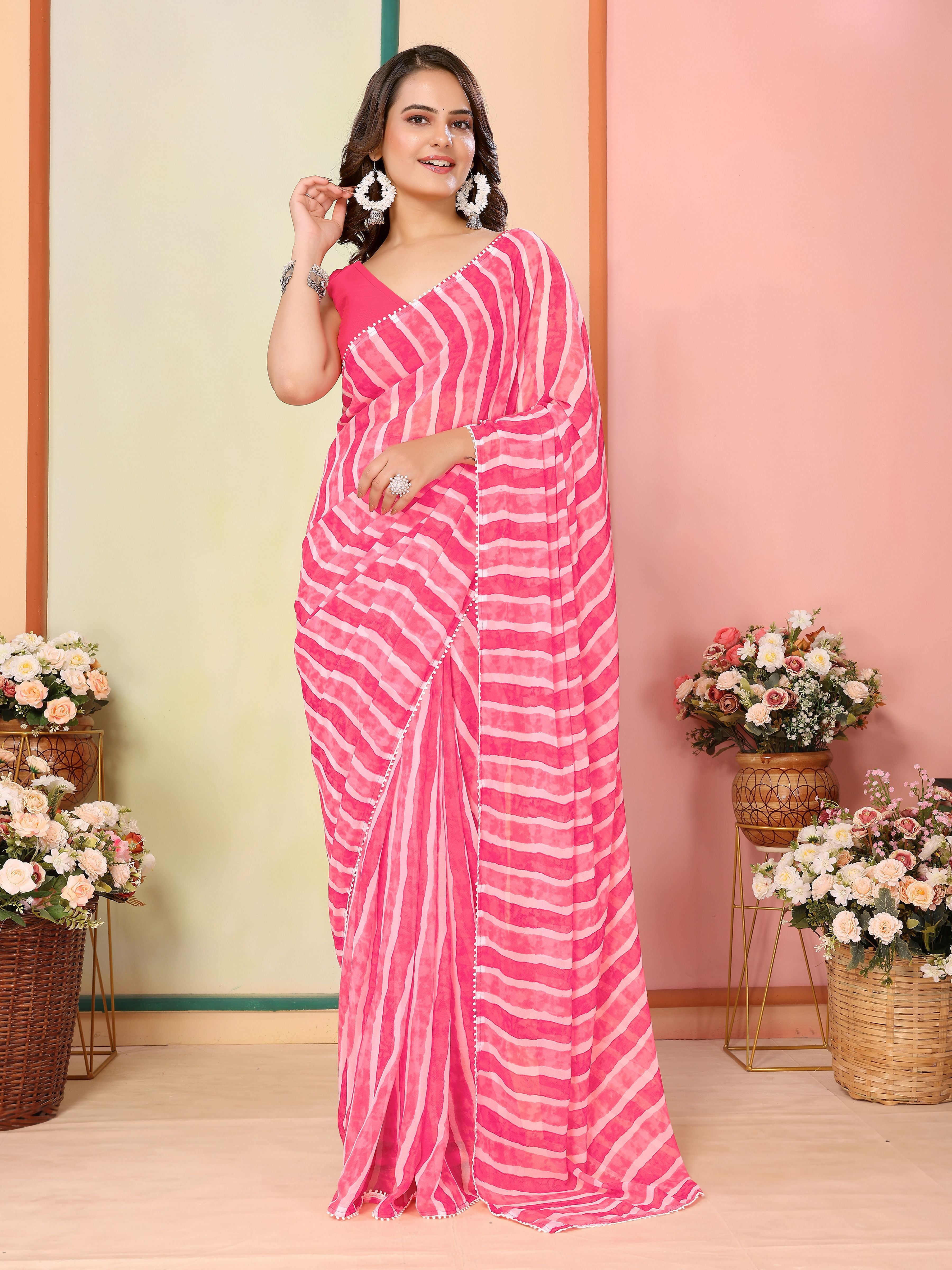 Pink Beautiful Pinted Ready To Wear Ethnic Partywear Saree