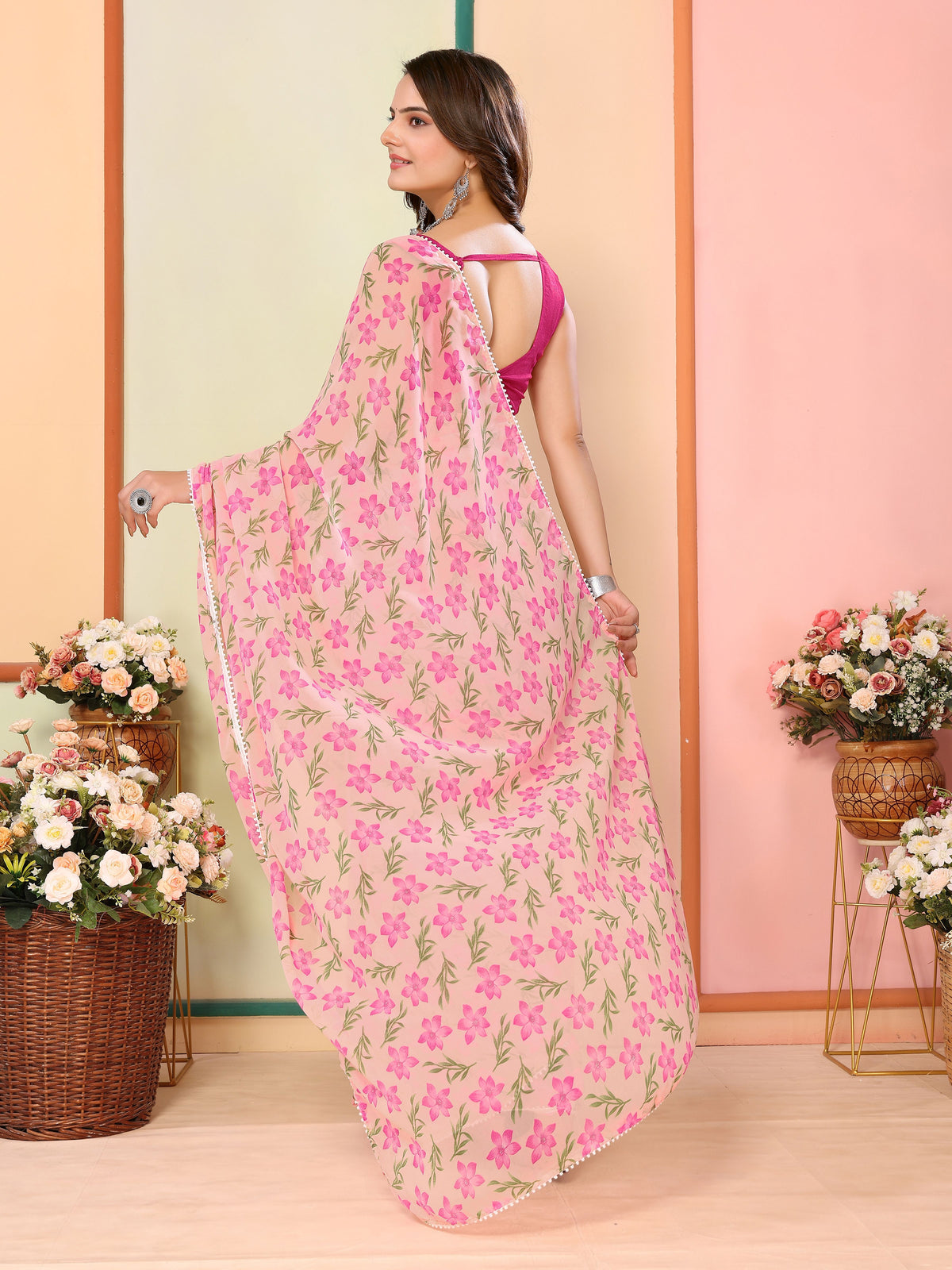Pink Beautiful Pinted Ready To Wear Ethnic Partywear Saree