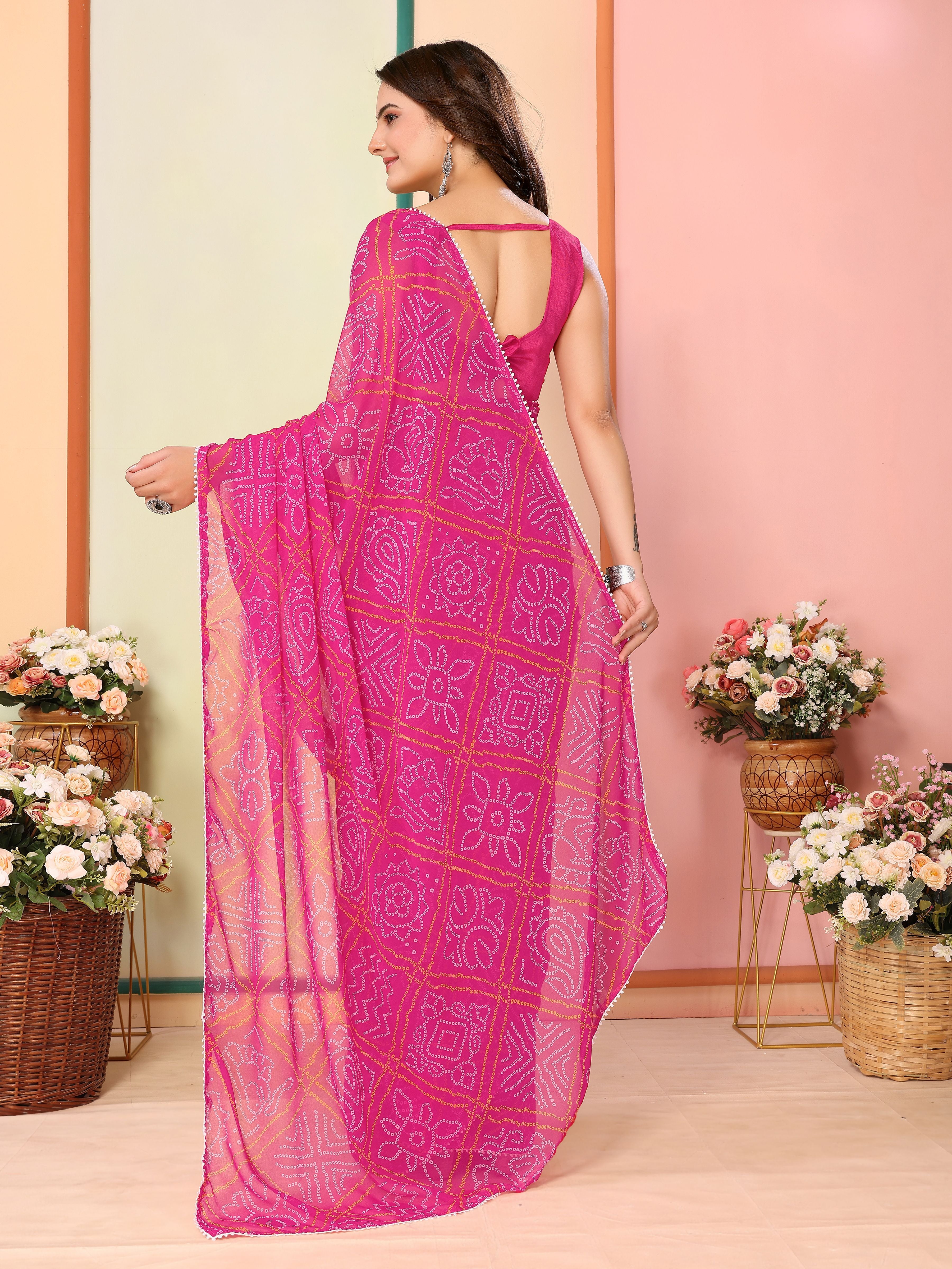 Pink Beautiful Pinted Ready To Wear Ethnic Partywear Saree