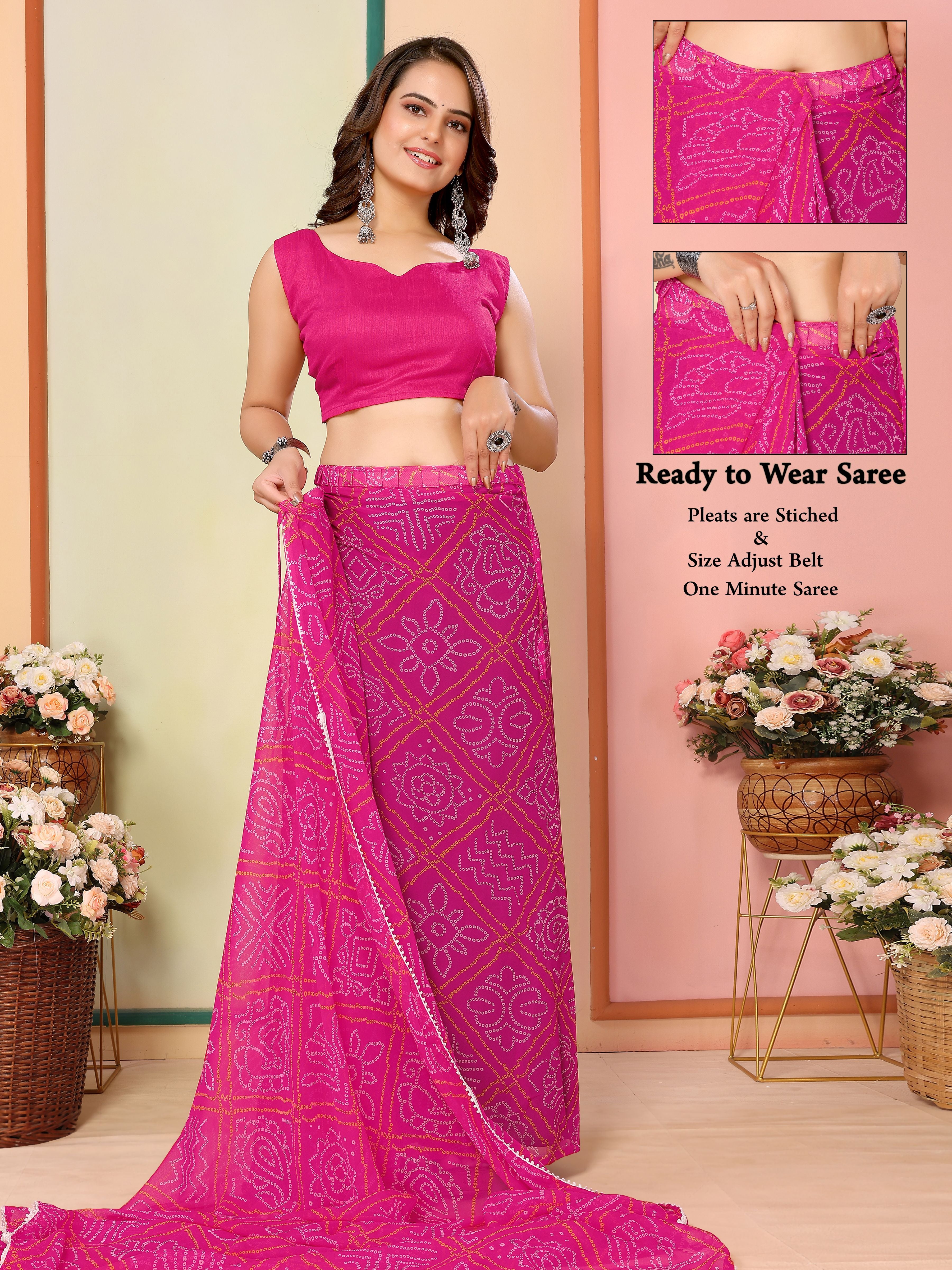 Pink Beautiful Pinted Ready To Wear Ethnic Partywear Saree
