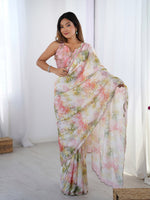 Pink Beautiful Printed Chinon Saree With Stylish Border For Girlie Looks