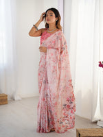 Pink Beautiful Printed Chinon Saree With Stylish Border For Girlie Looks