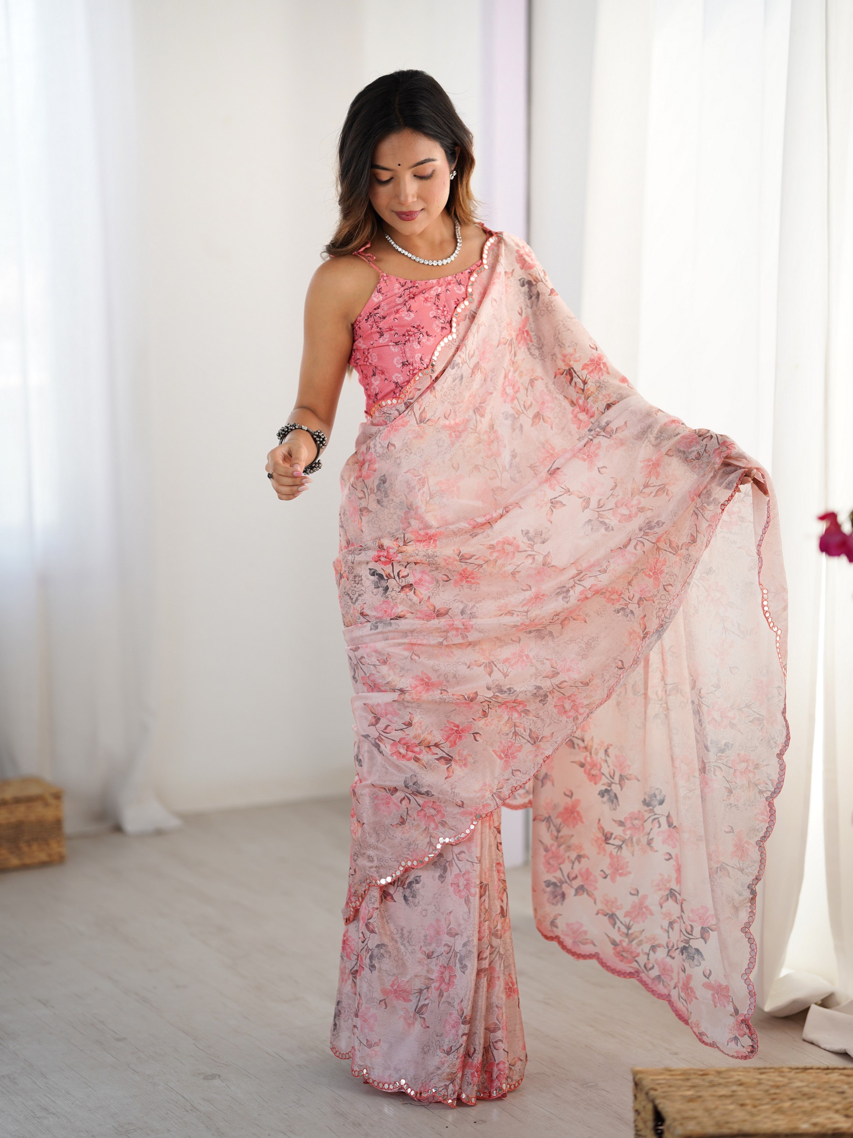 Pink Beautiful Printed Chinon Saree With Stylish Border For Girlie Looks