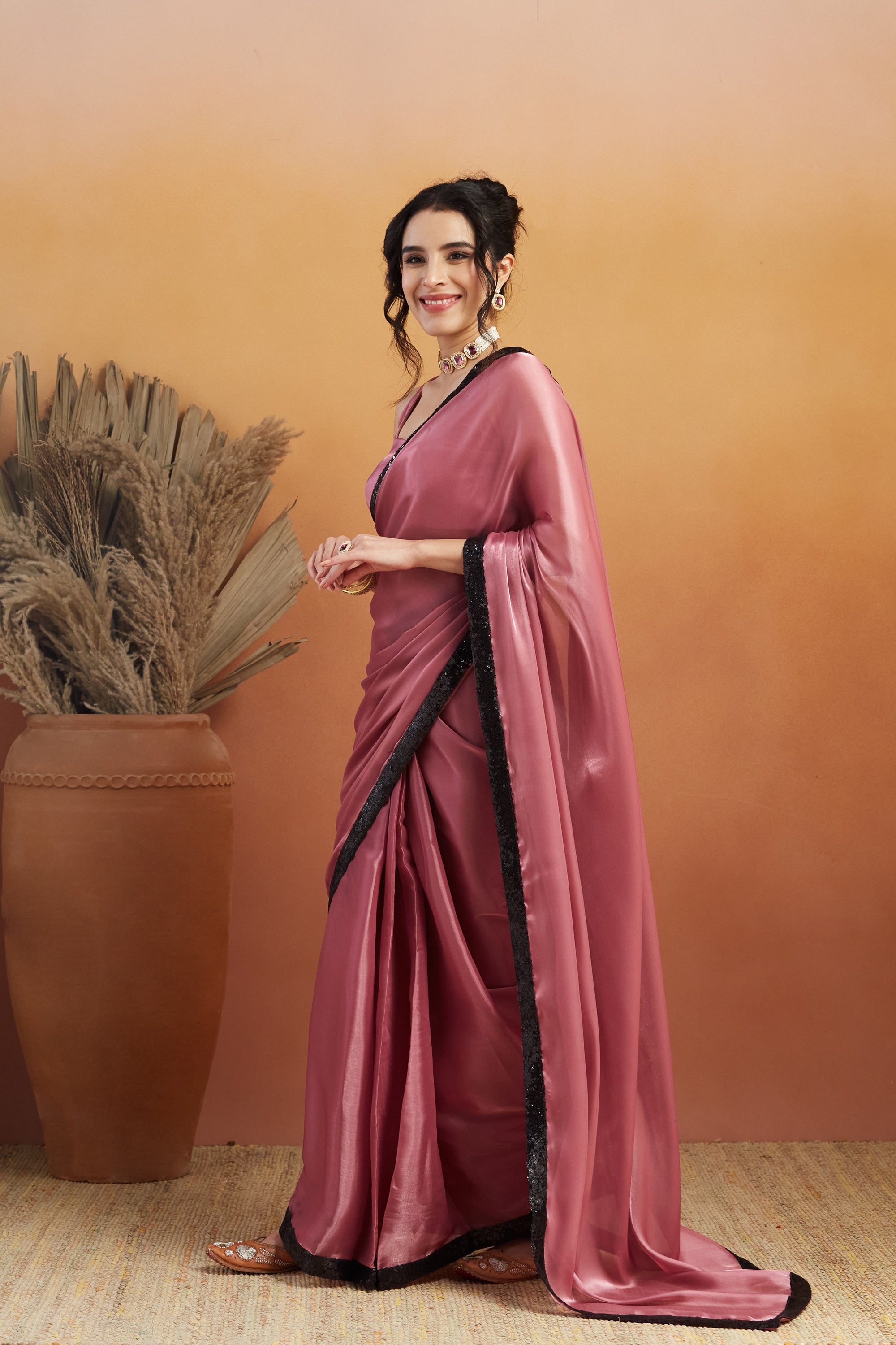 Pink Beautiful Velvet Ceremonial Wear Bollywood Saree