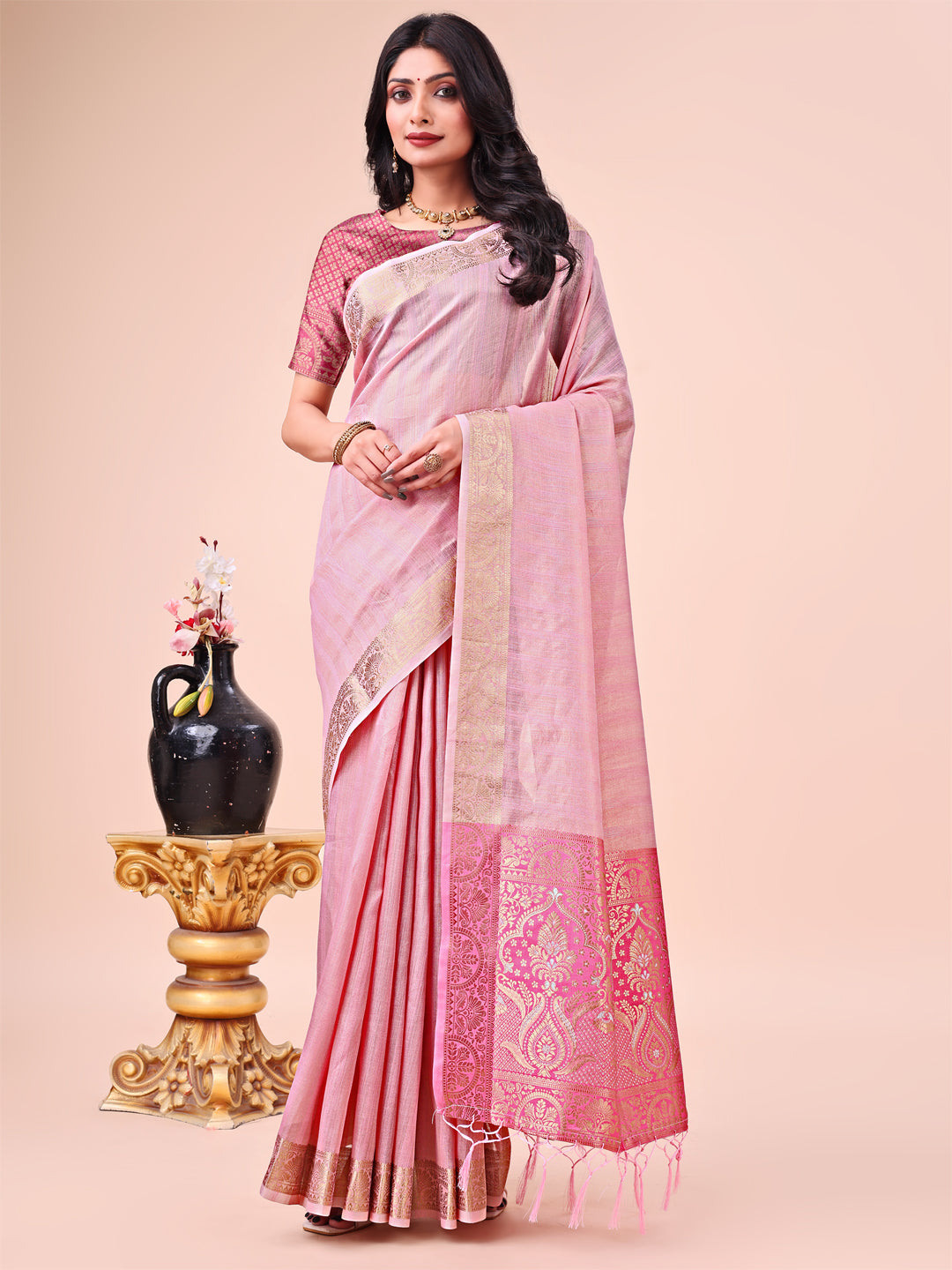 Pink Beautiful Woven Designer Organza Saree