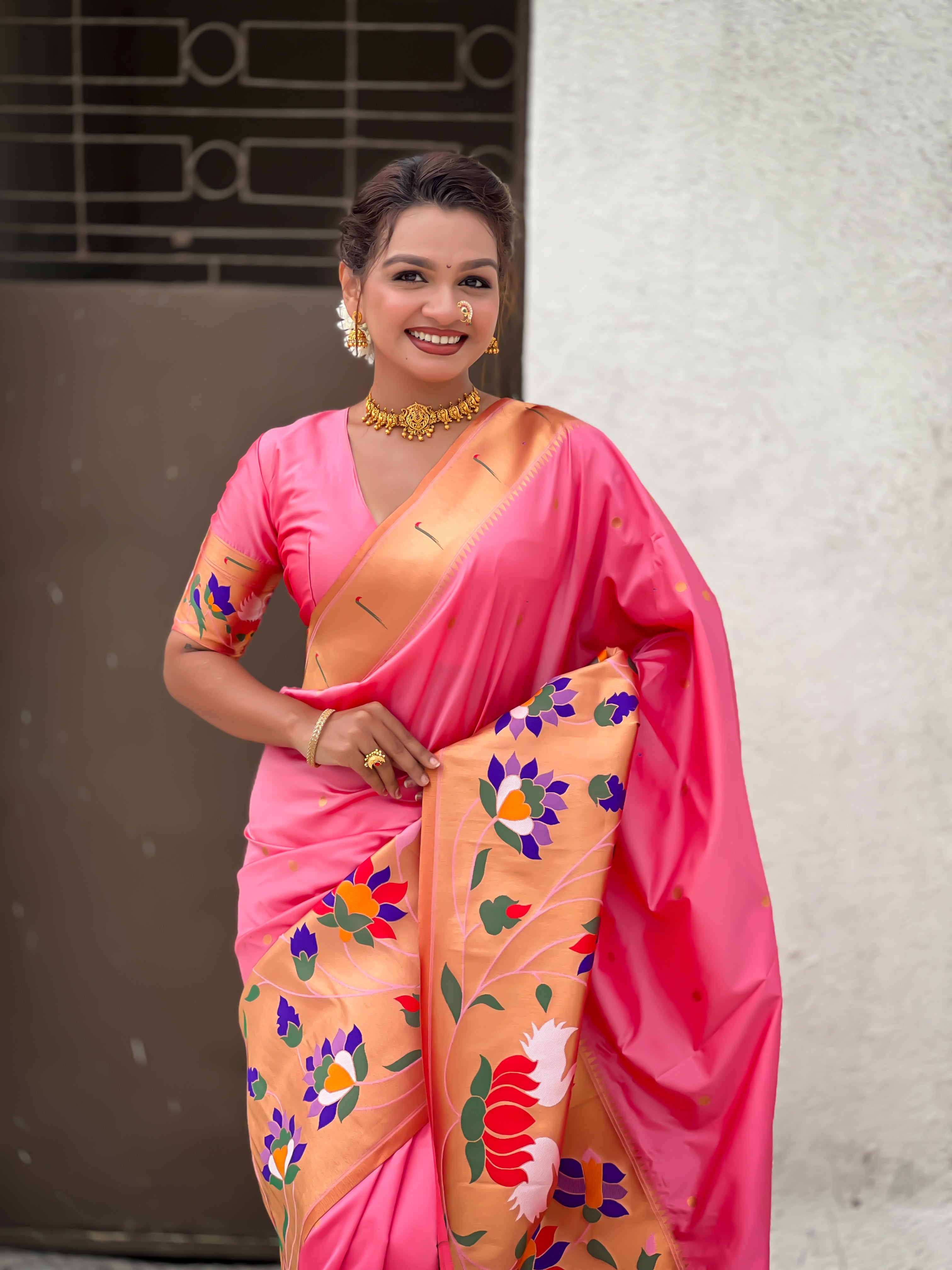 Pink Beautiful Woven Meenakari Polka Designer Paithani Silk Ethnic Graceful Saree