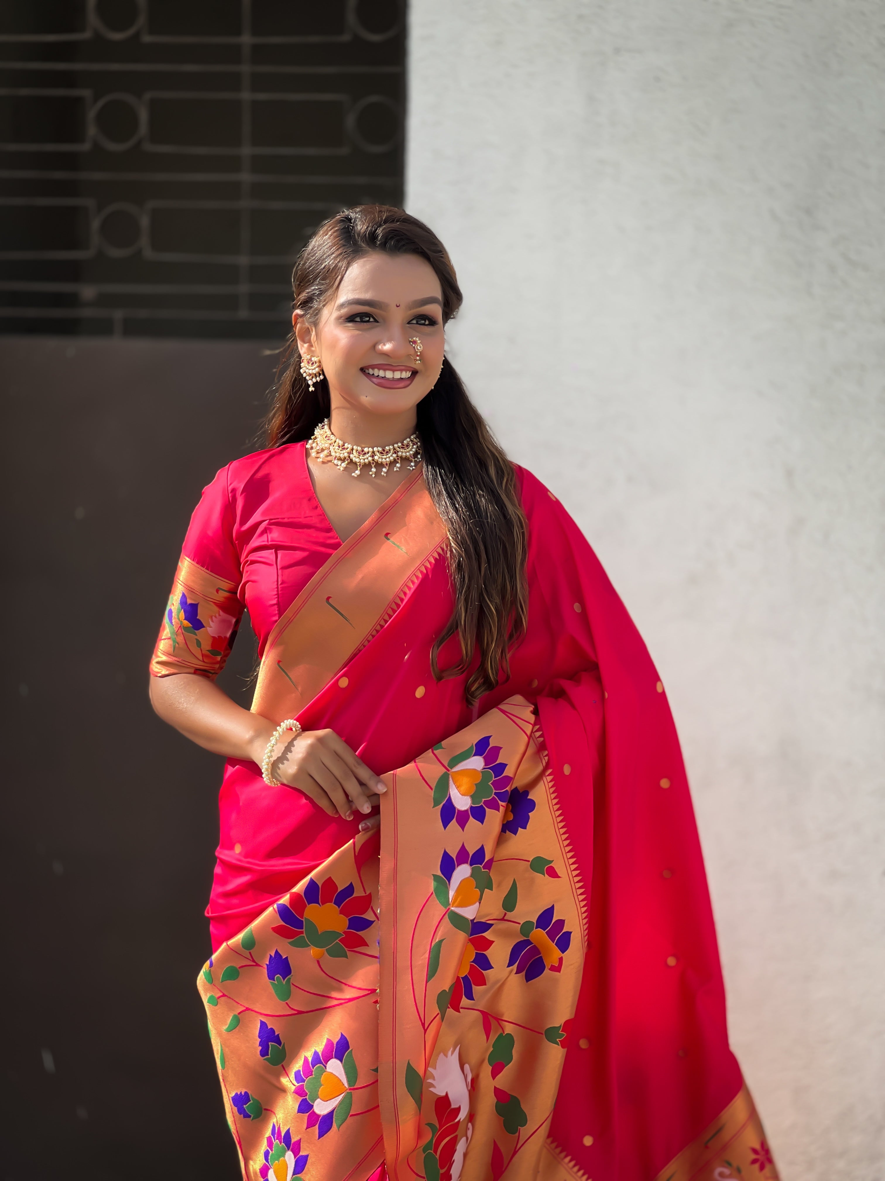 Pink Beautiful Woven Meenakari Polka Designer Paithani Silk Ethnic Graceful Saree