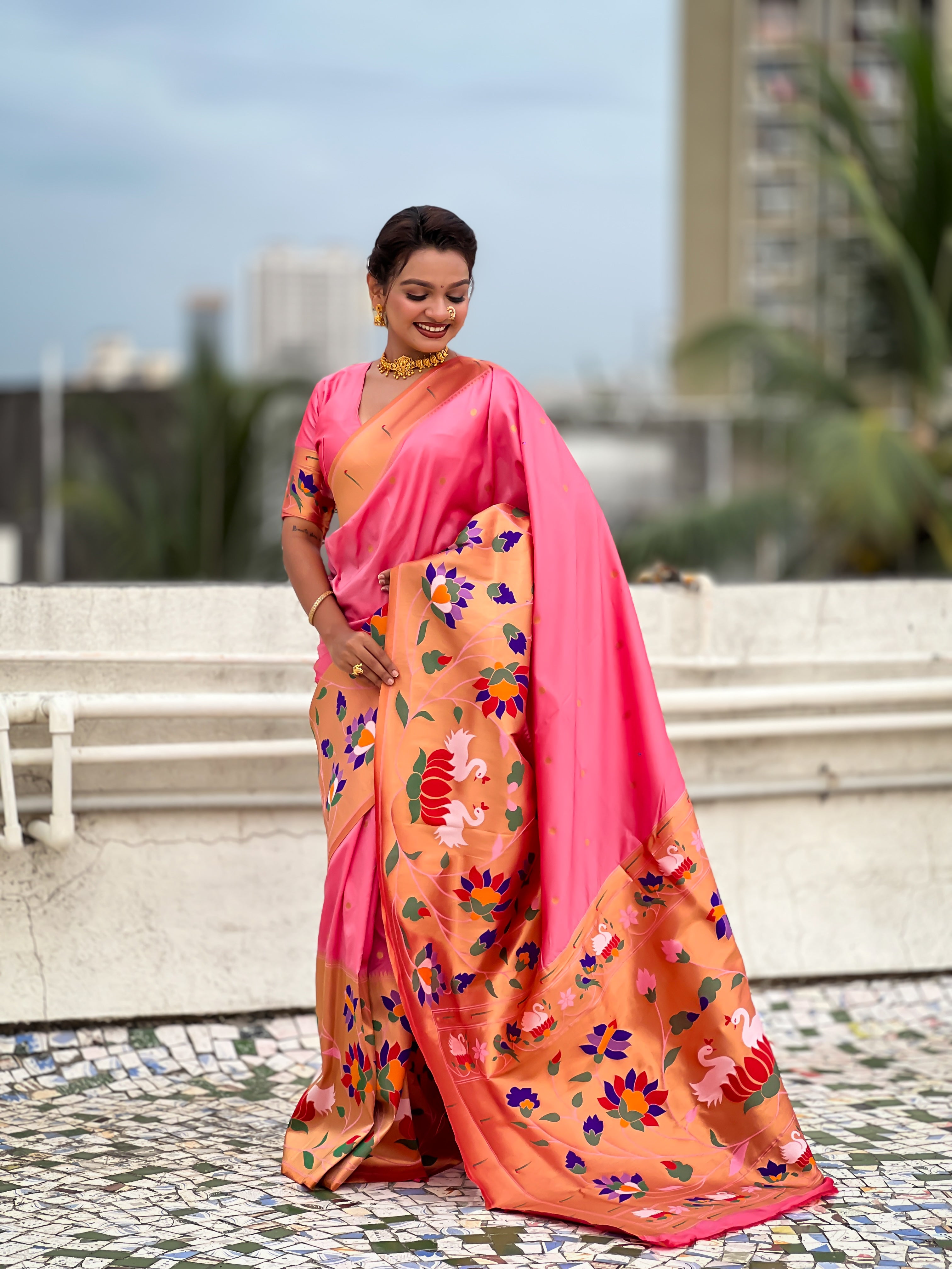 Pink Beautiful Woven Meenakari Polka Designer Paithani Silk Ethnic Graceful Saree