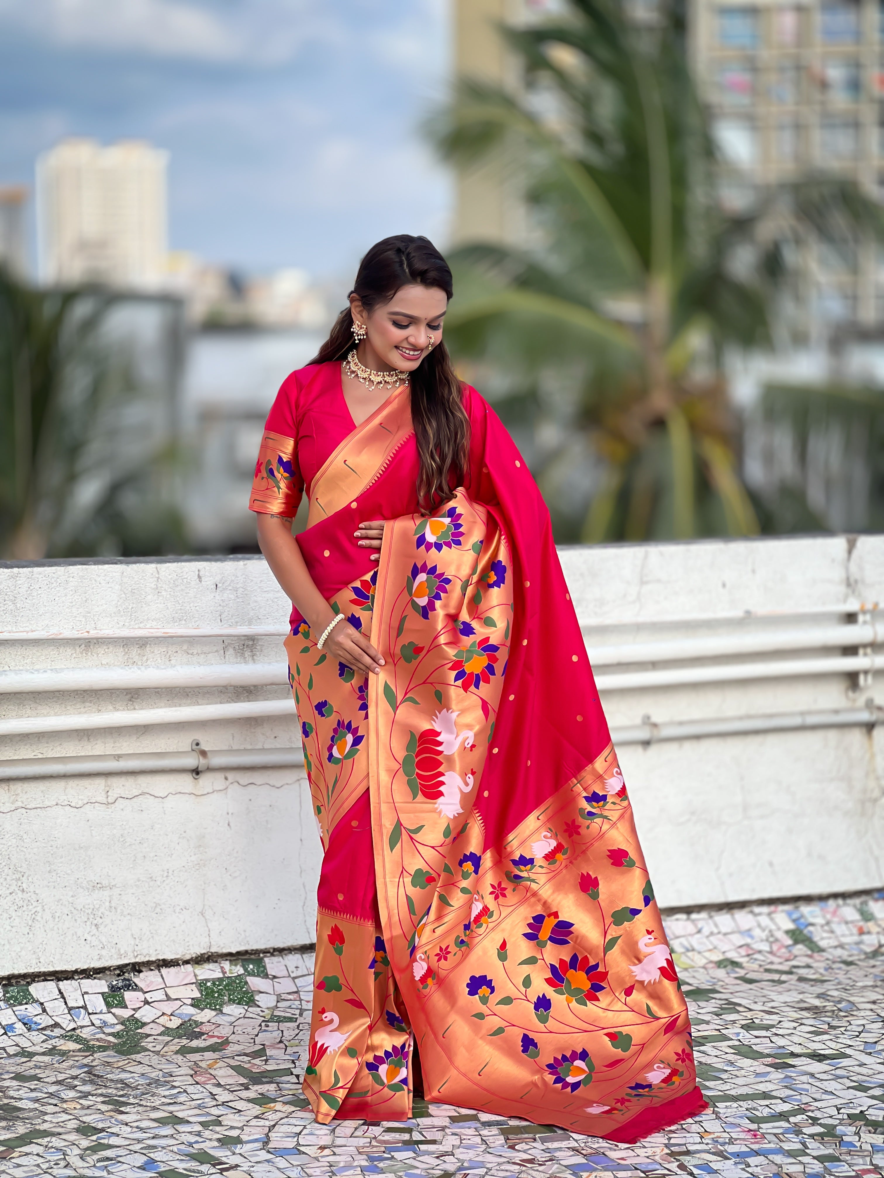 Pink Beautiful Woven Meenakari Polka Designer Paithani Silk Ethnic Graceful Saree