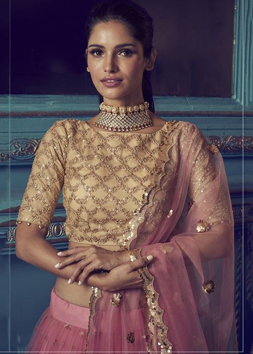 Pink Beige Sequins Net Wedding Wear Lehenga Choli With Dupatta