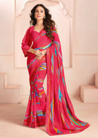 Pink Bemberg Georgette Elegant Designer Digital Printed Ceremonial Classy Saree