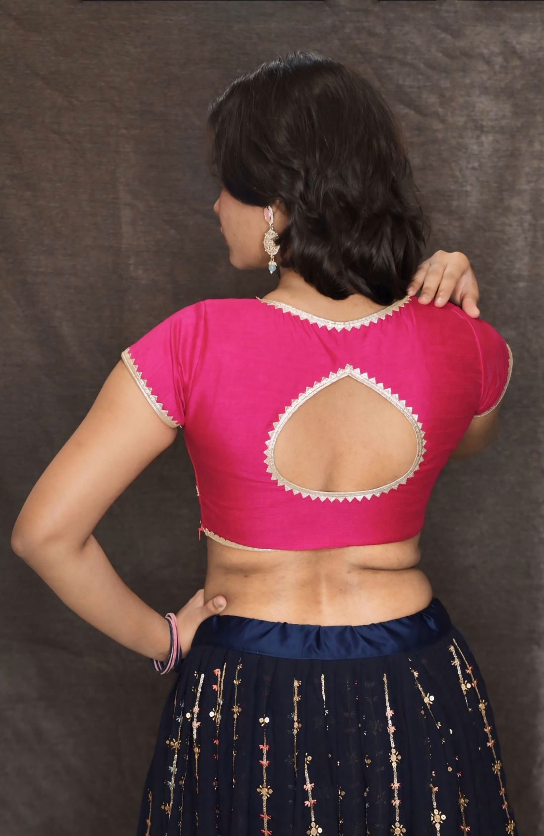 Pink Blouse in Art Silk With Lace and V Neckline