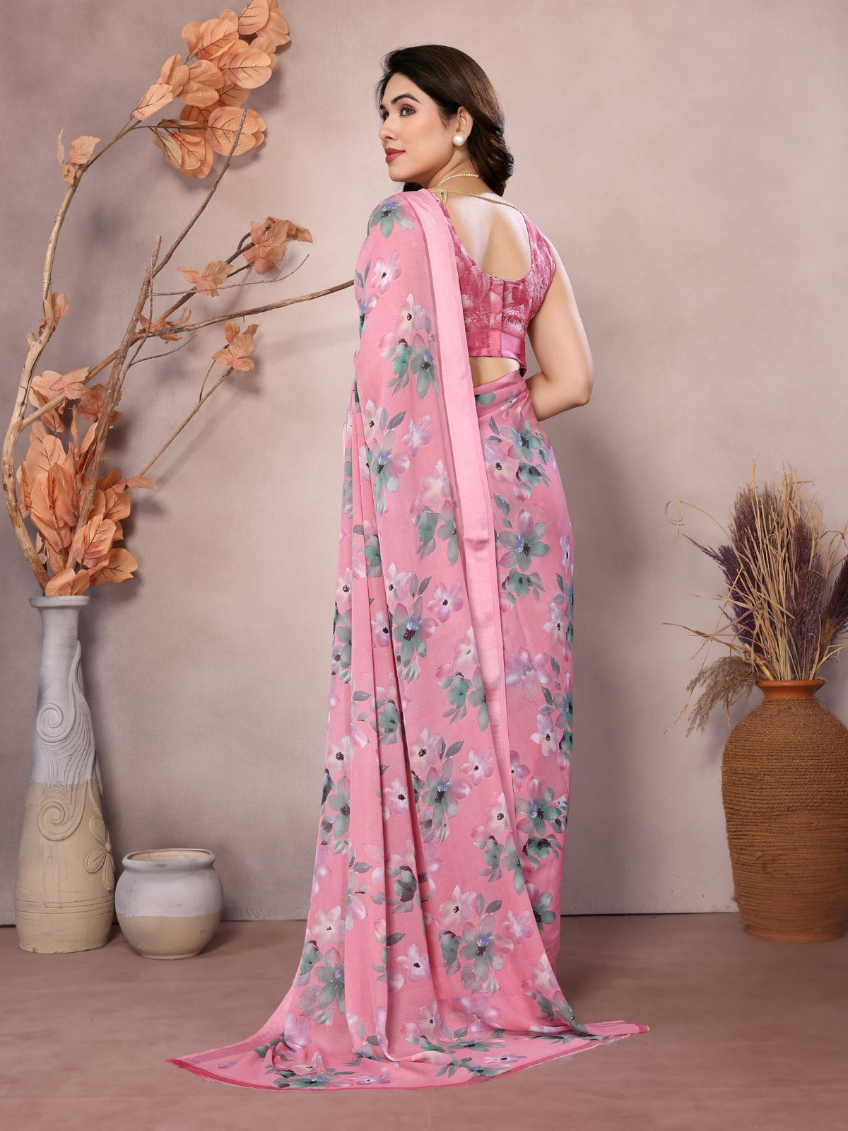 Pink Bright Moss Satin Patta Saree With Printed