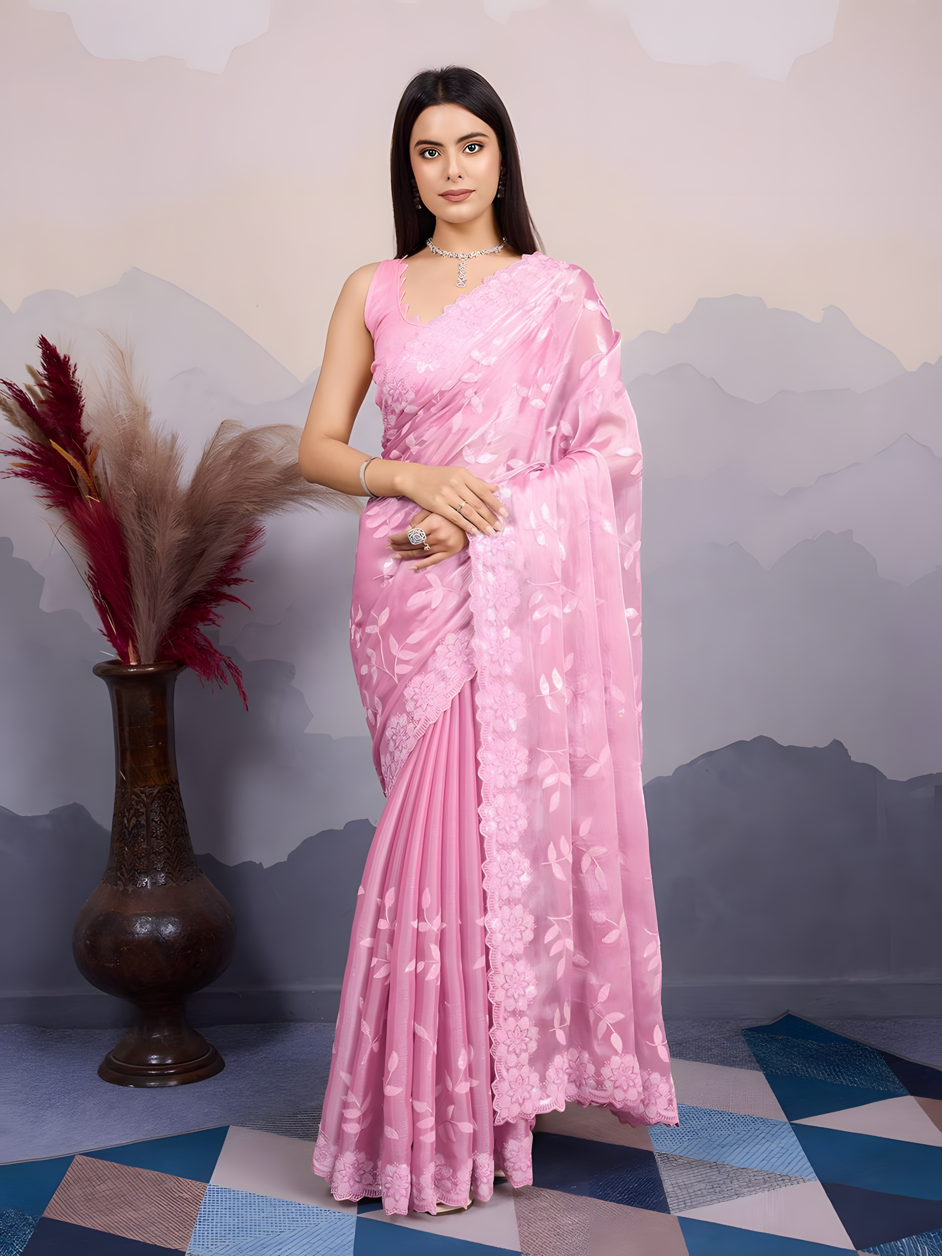 Pink Burberry Silk  Saree with C Pallu Embroidery with sequins Work