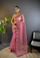 Pink Butterfly Net Fabric Embroidery Work Ceremonial Saree