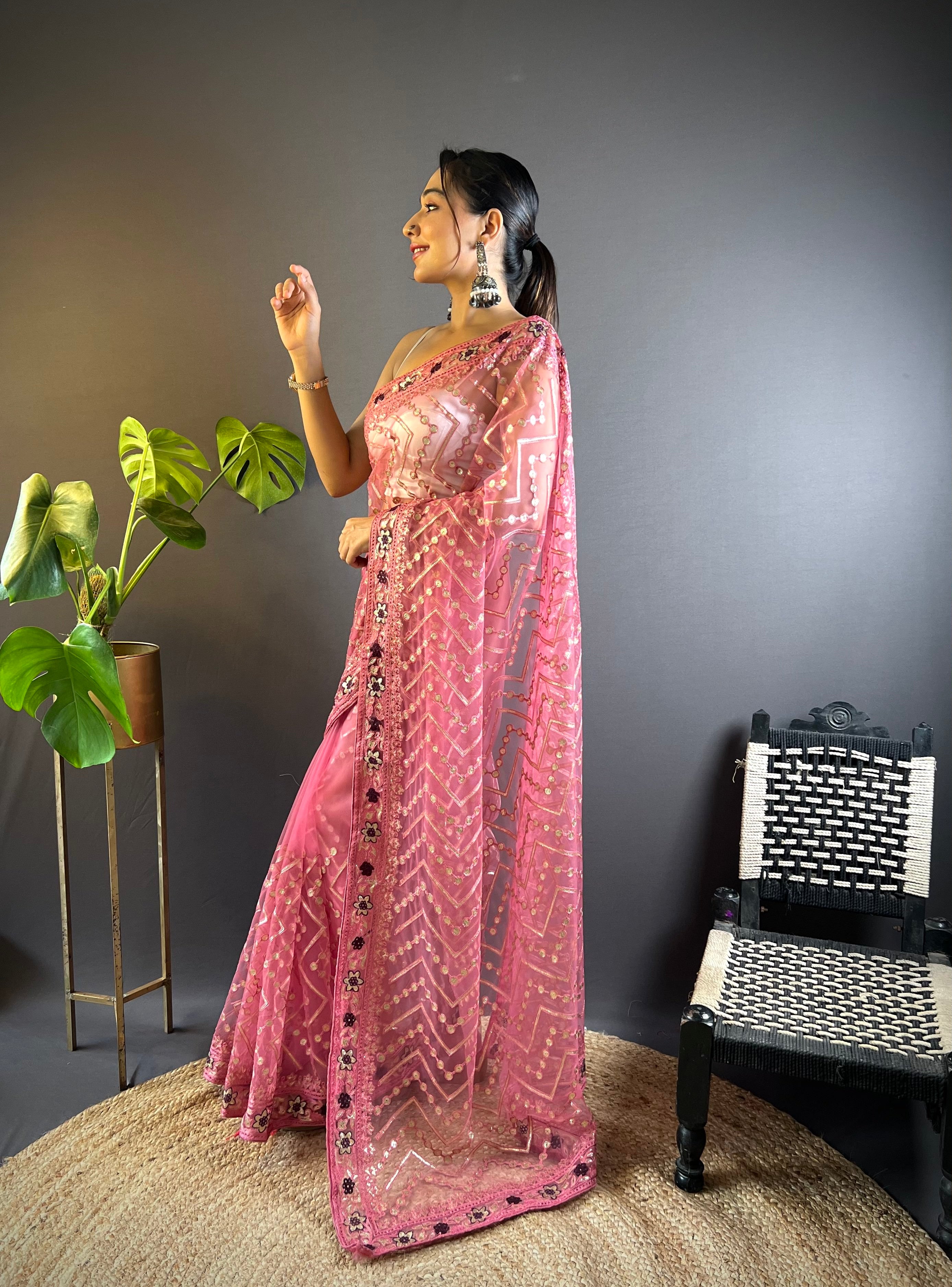 Pink Butterfly Net Fabric Embroidery Work Ceremonial Saree