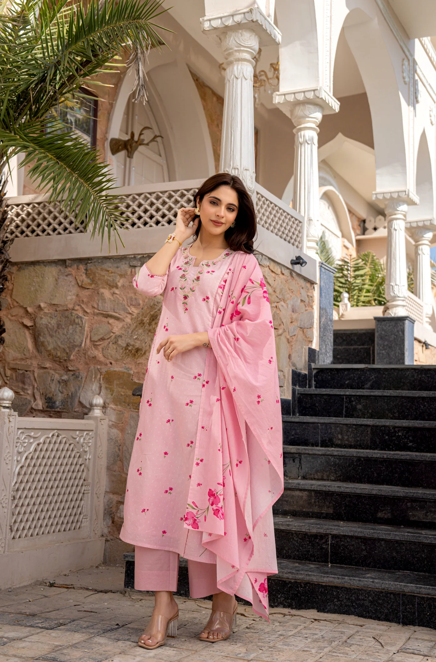 Pink Chanderi Butti Kurta Pant Set  Printed