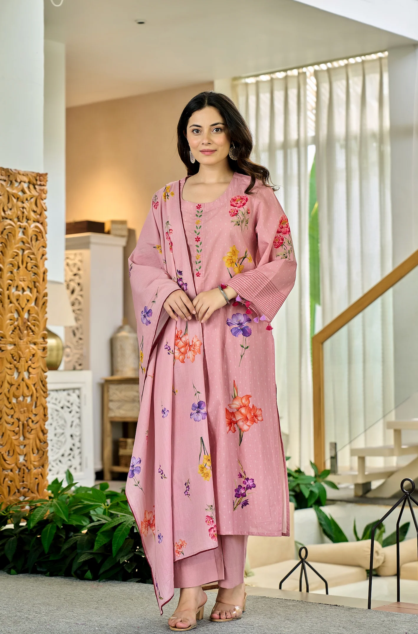 Pink Chanderi Butti Kurta Pant Set  Printed