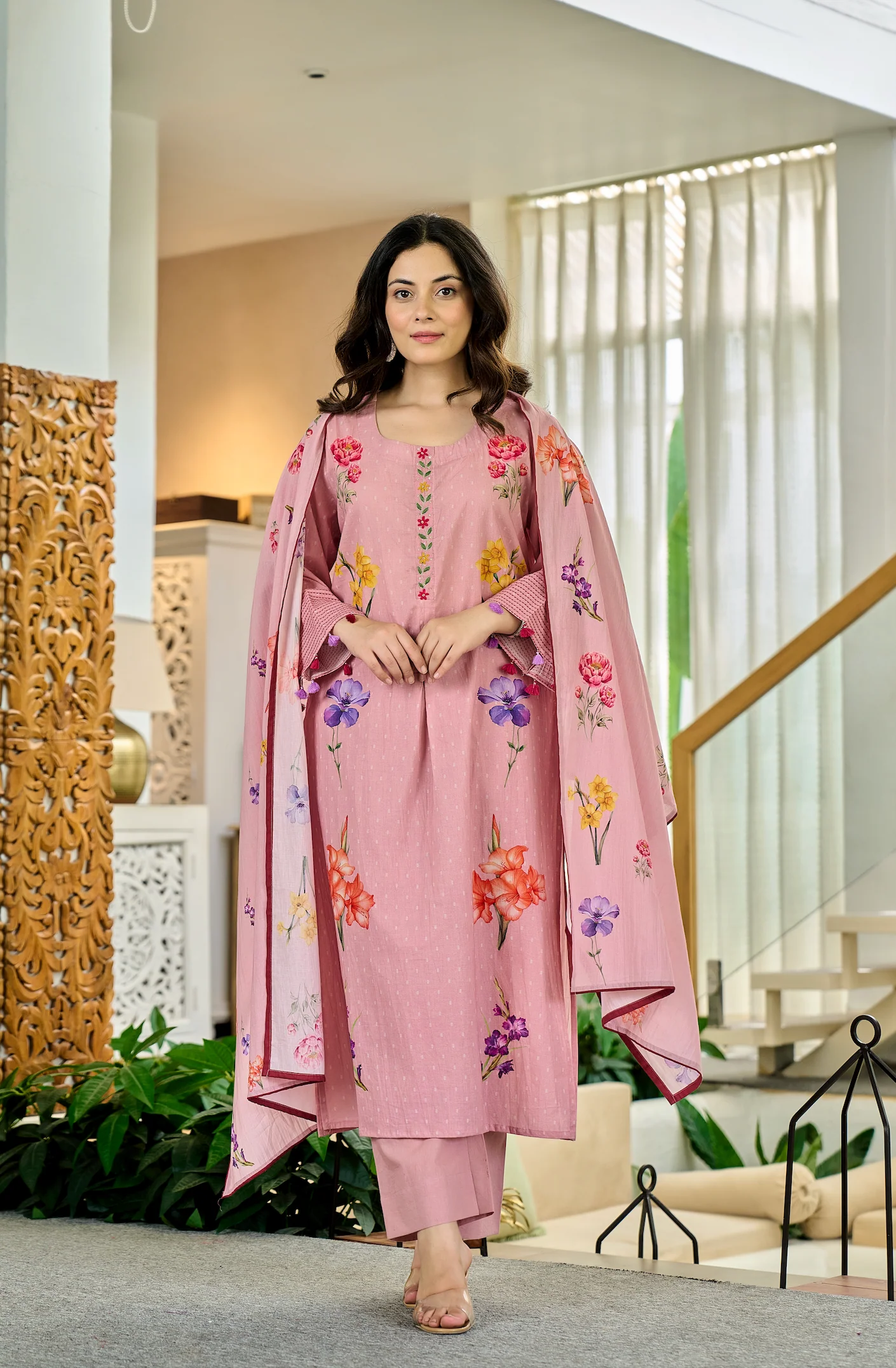 Pink Chanderi Butti Kurta Pant Set  Printed