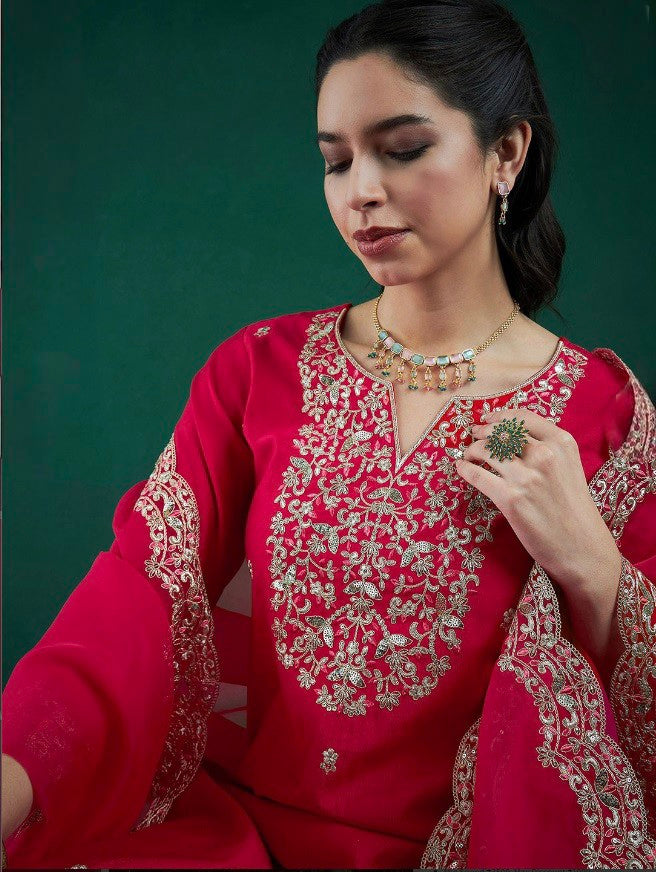 Pink Chanderi Kurta Pant Set With Heavy Thread Embroidered Work