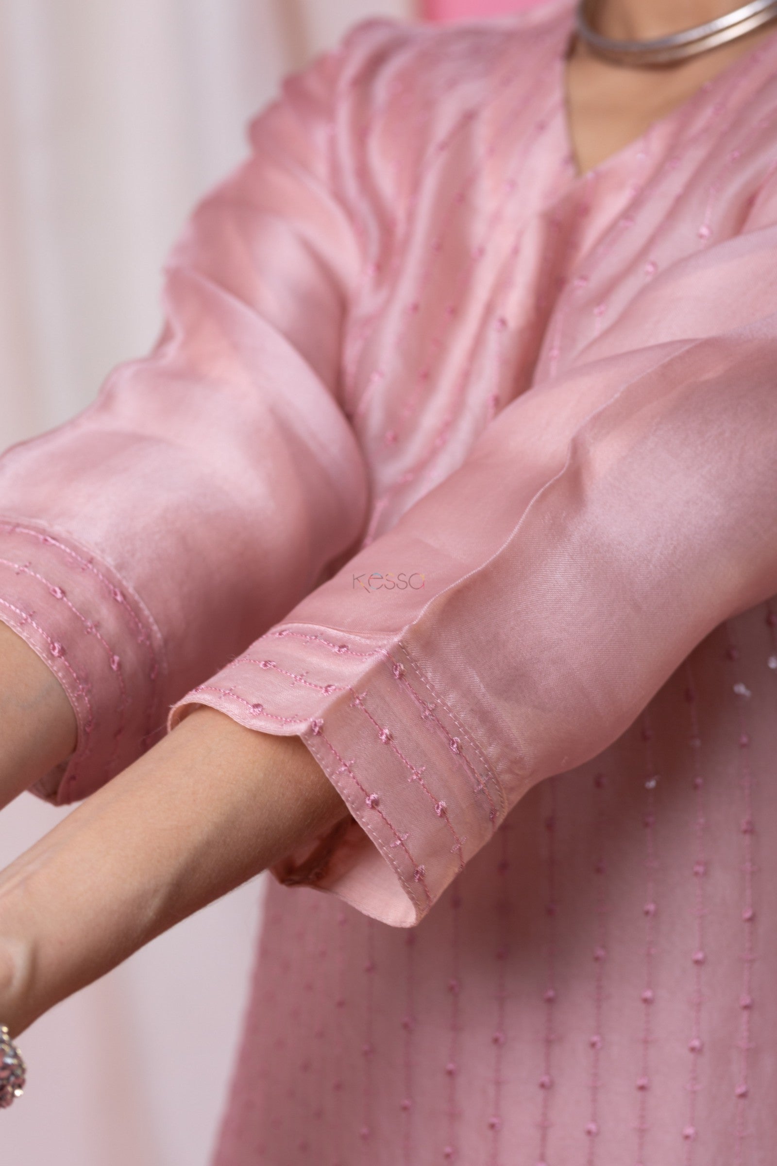 Pink Chanderi Viscose Elegant Kurta Pant Set With Embroidery Work