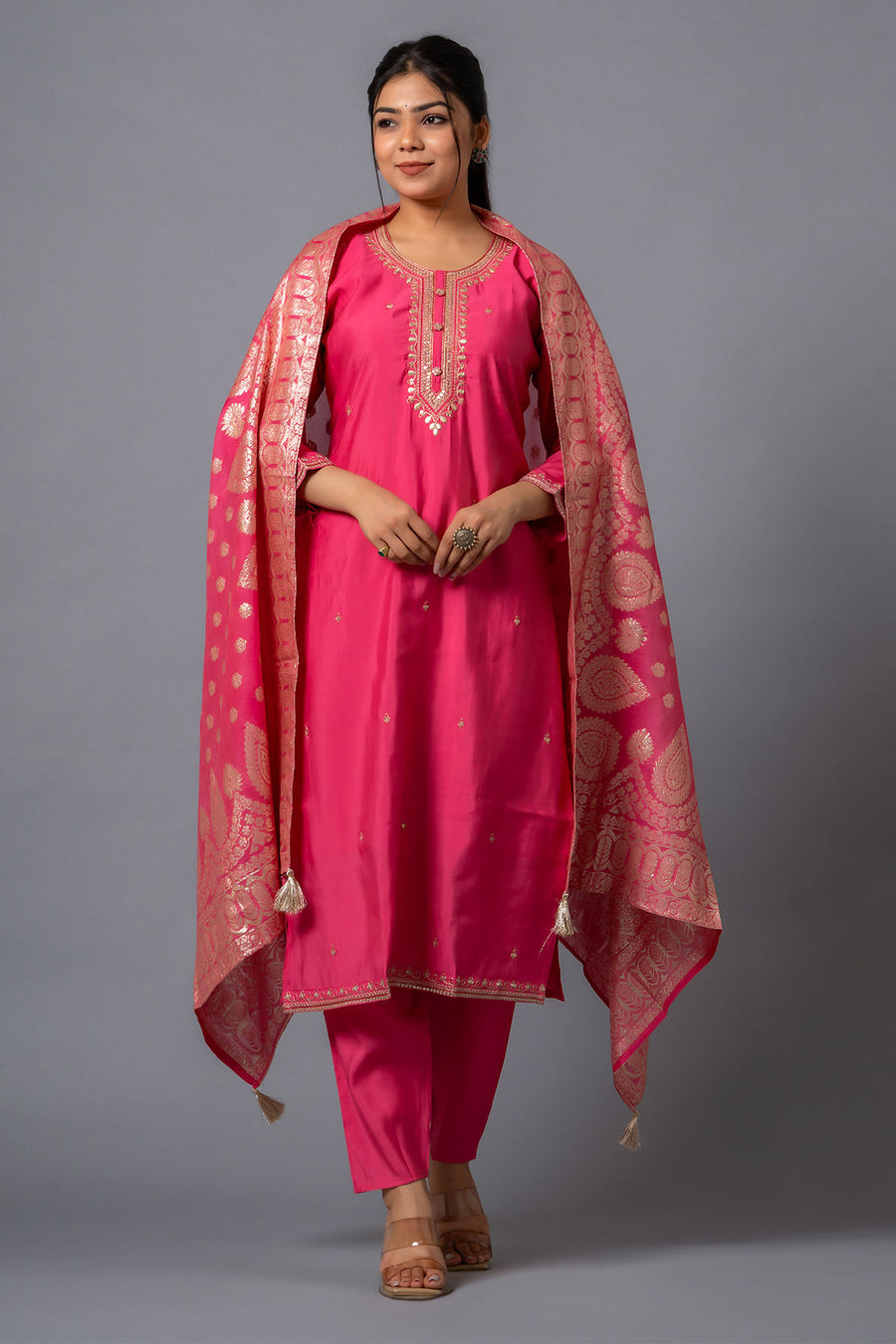 Pink Chanderi Viscose Kurta Pant Set With Embroidery Work