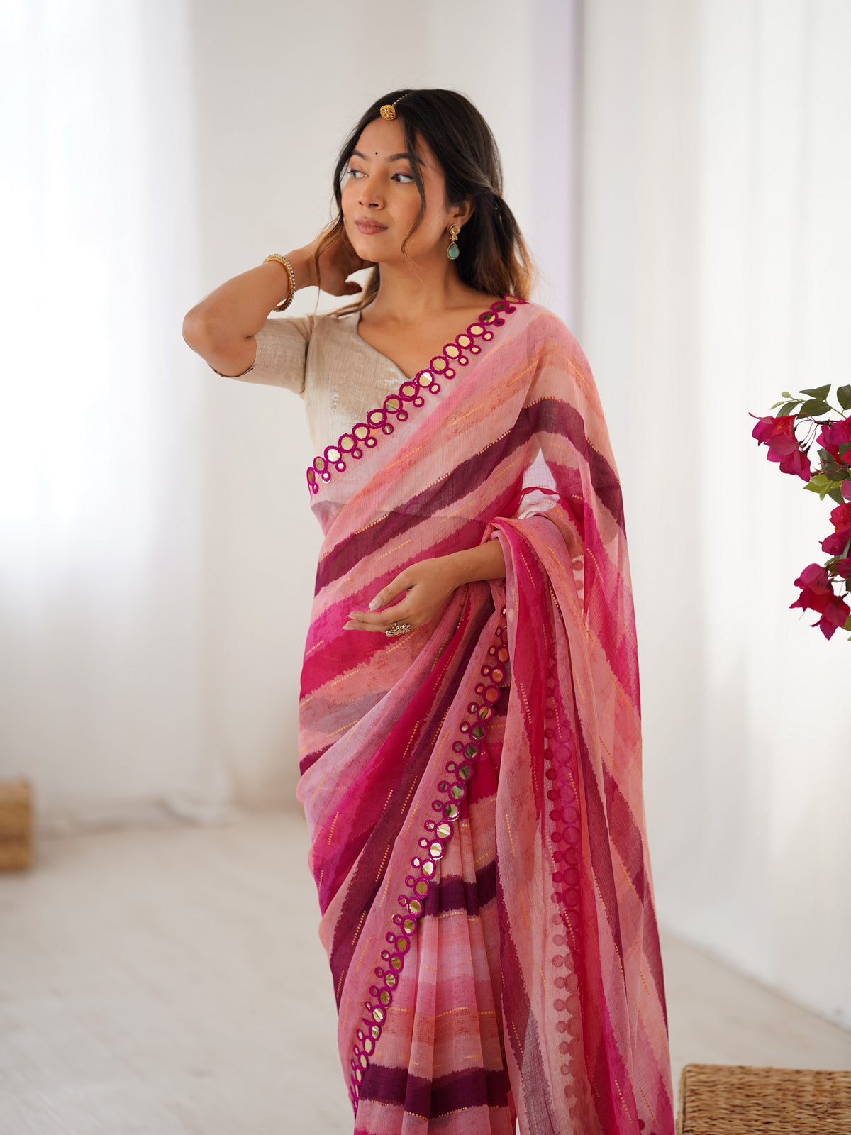 Pink Chiffon Designer Laheriya Printed Saree With Mirror Cut Work