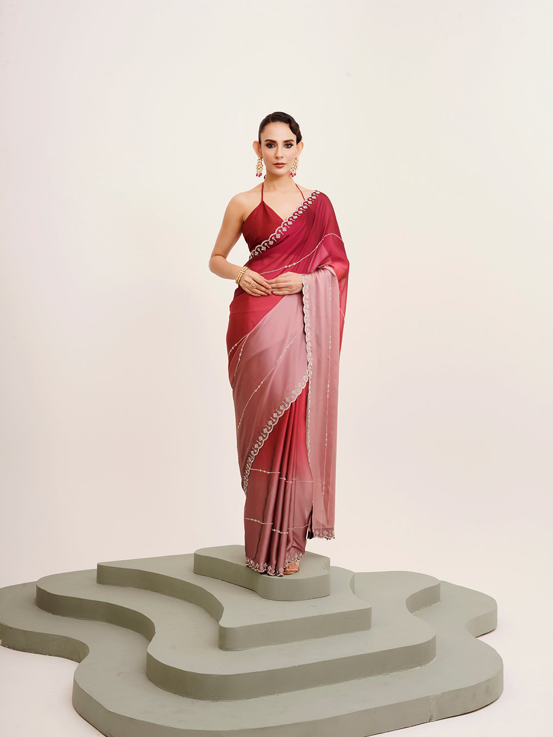 Pink Chiffon Embellished Beads And Stones Work Fancy Saree
