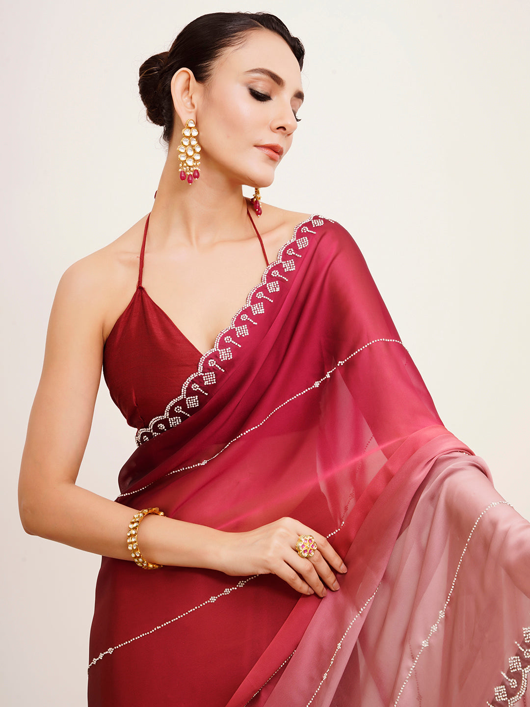 Pink Chiffon Embellished Beads And Stones Work Fancy Saree