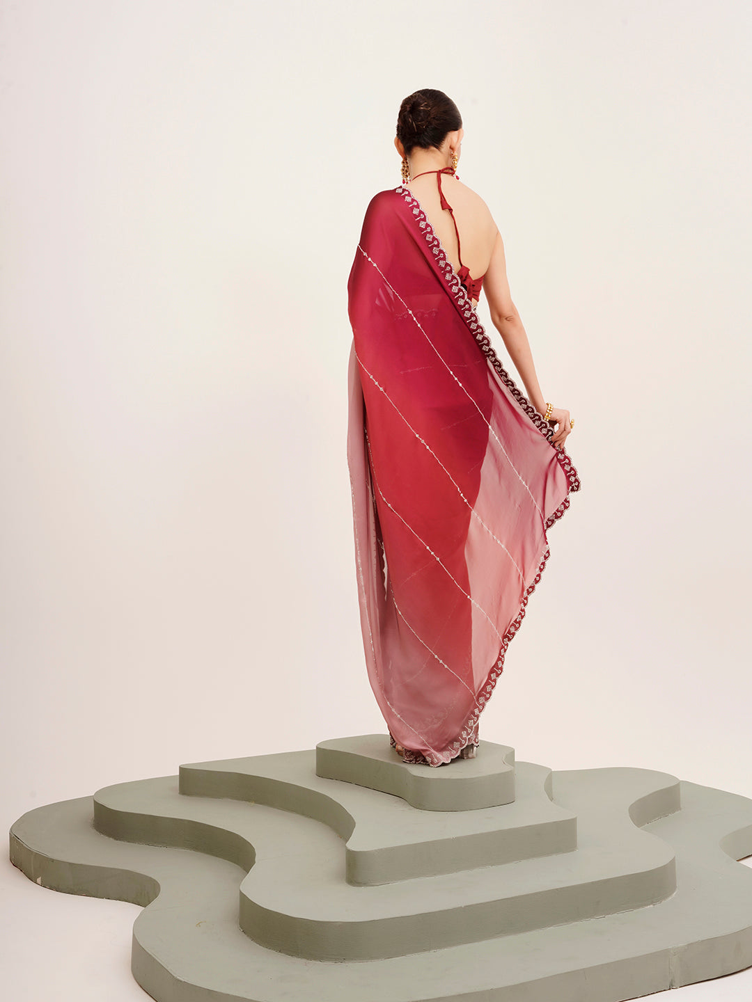 Pink Chiffon Embellished Beads And Stones Work Fancy Saree