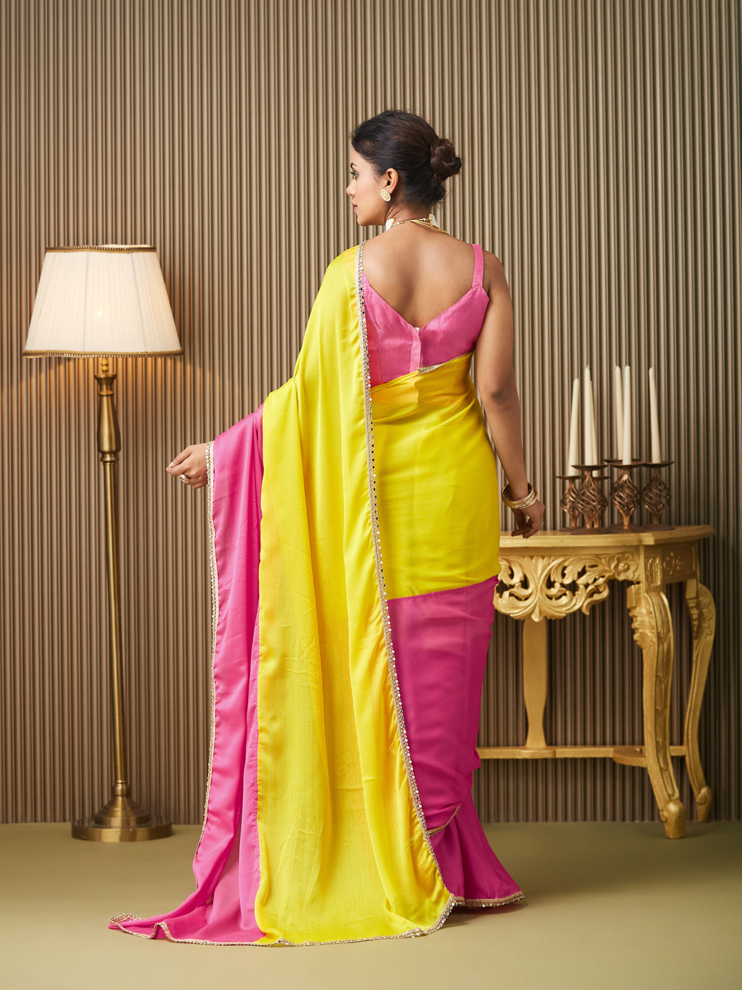 Pink Chiffon Mirrorwork Blocked Work Ceremonial Saree