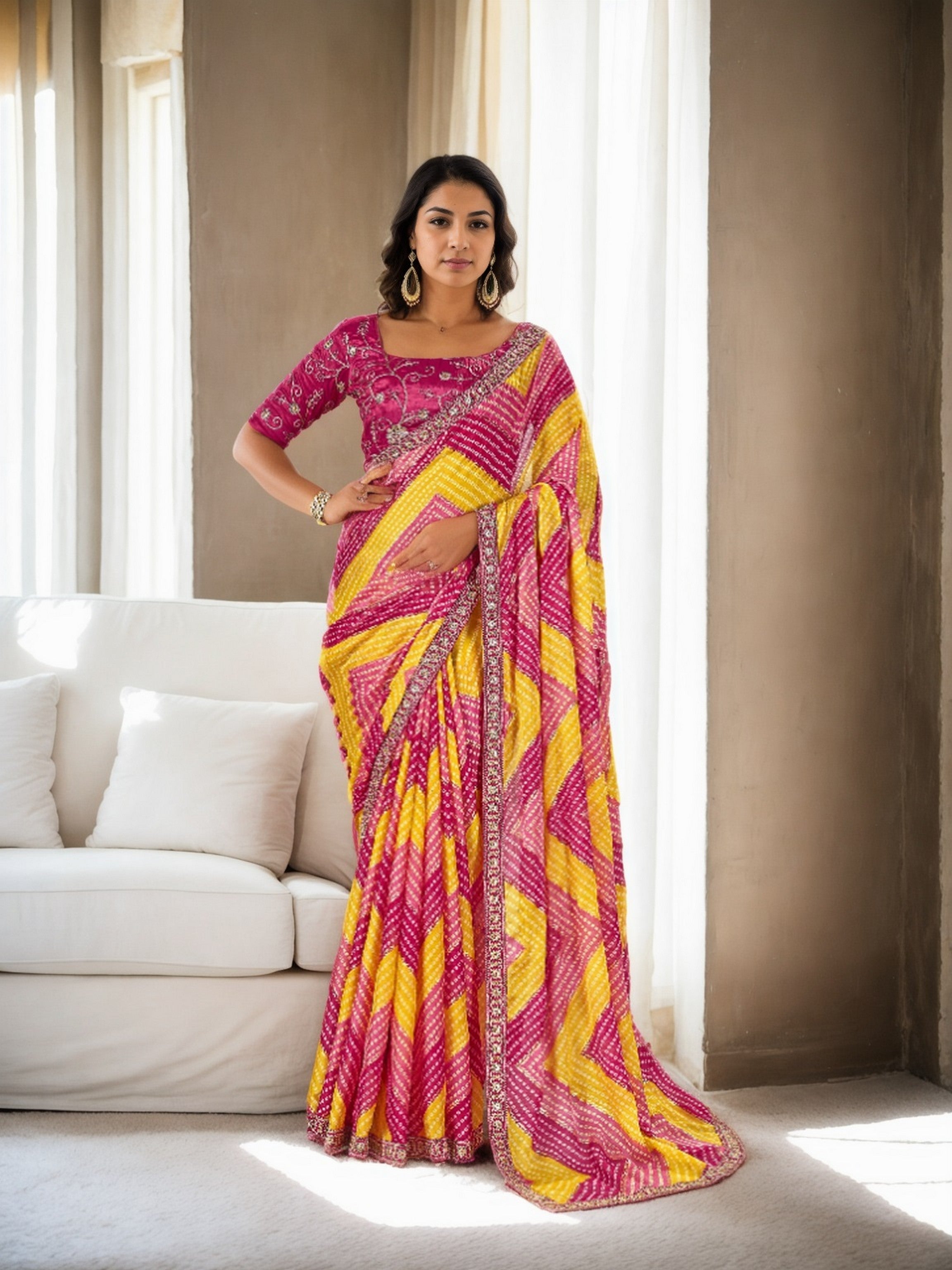 Pink Chinon Beautiful Printed Saree With Embroidered Blouse