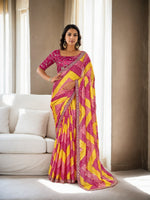 Pink Chinon Beautiful Printed Saree With Embroidered Blouse