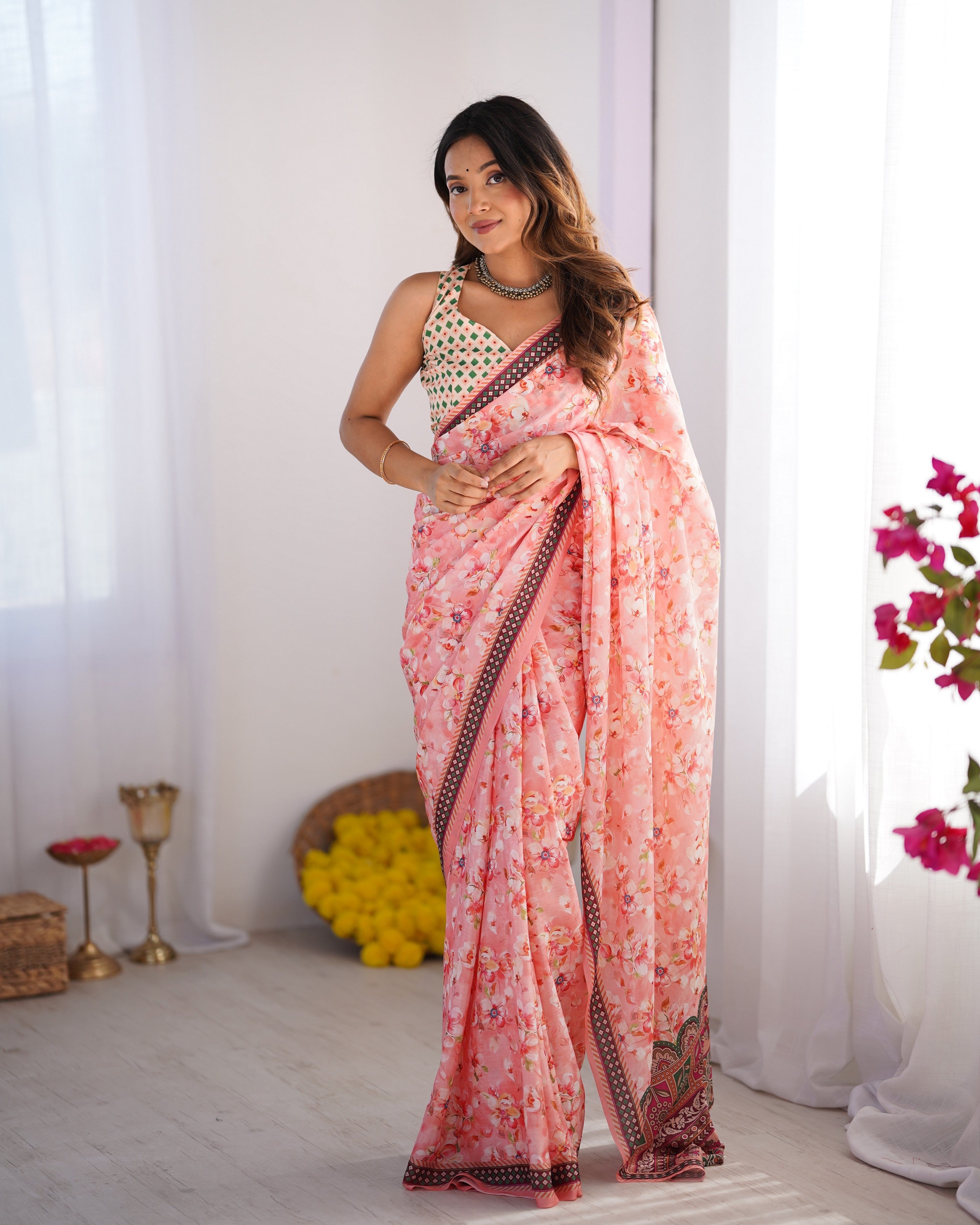 Pink Chinon Designer Printed Bollywood Style Saree