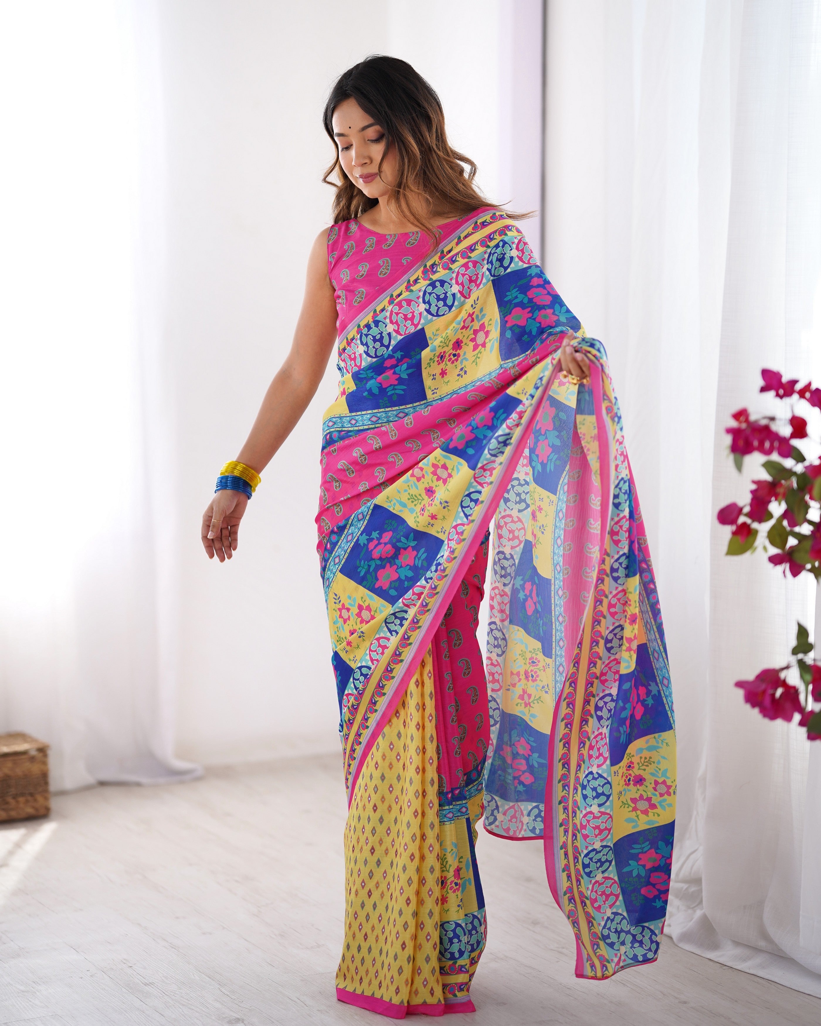 Pink Chinon Designer Printed Fancy Partywear Saree