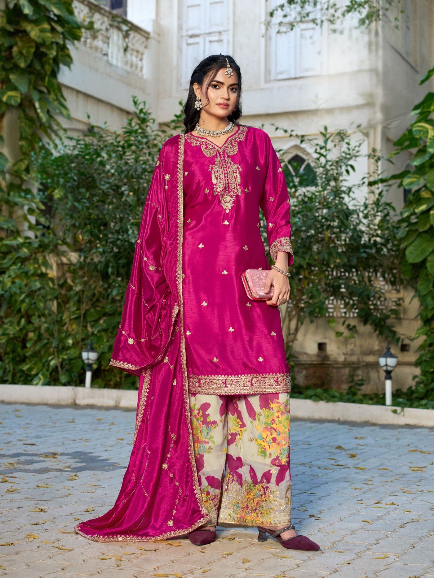 Pink Chinon Designer Suit Set With Elegant Embroidery
