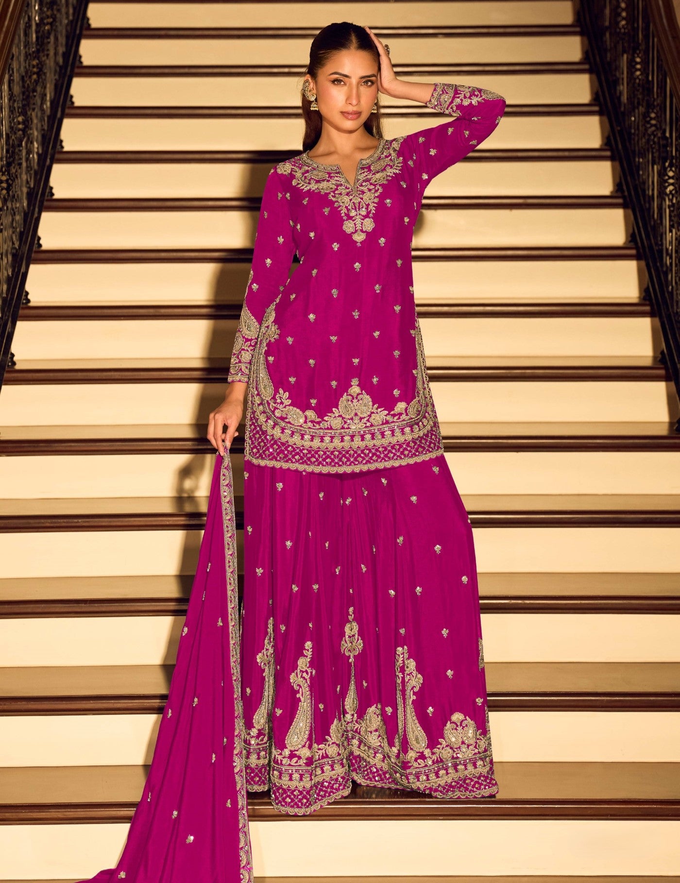 Pink Chinon Designer Suit Set With Elegant Embroidery