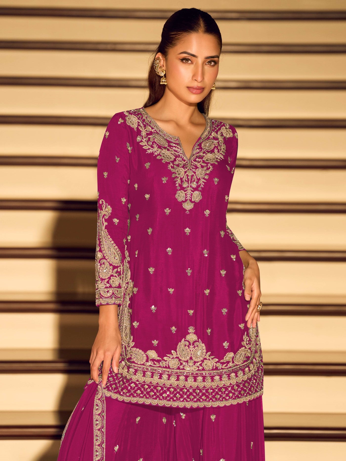 Pink Chinon Designer Suit Set With Elegant Embroidery