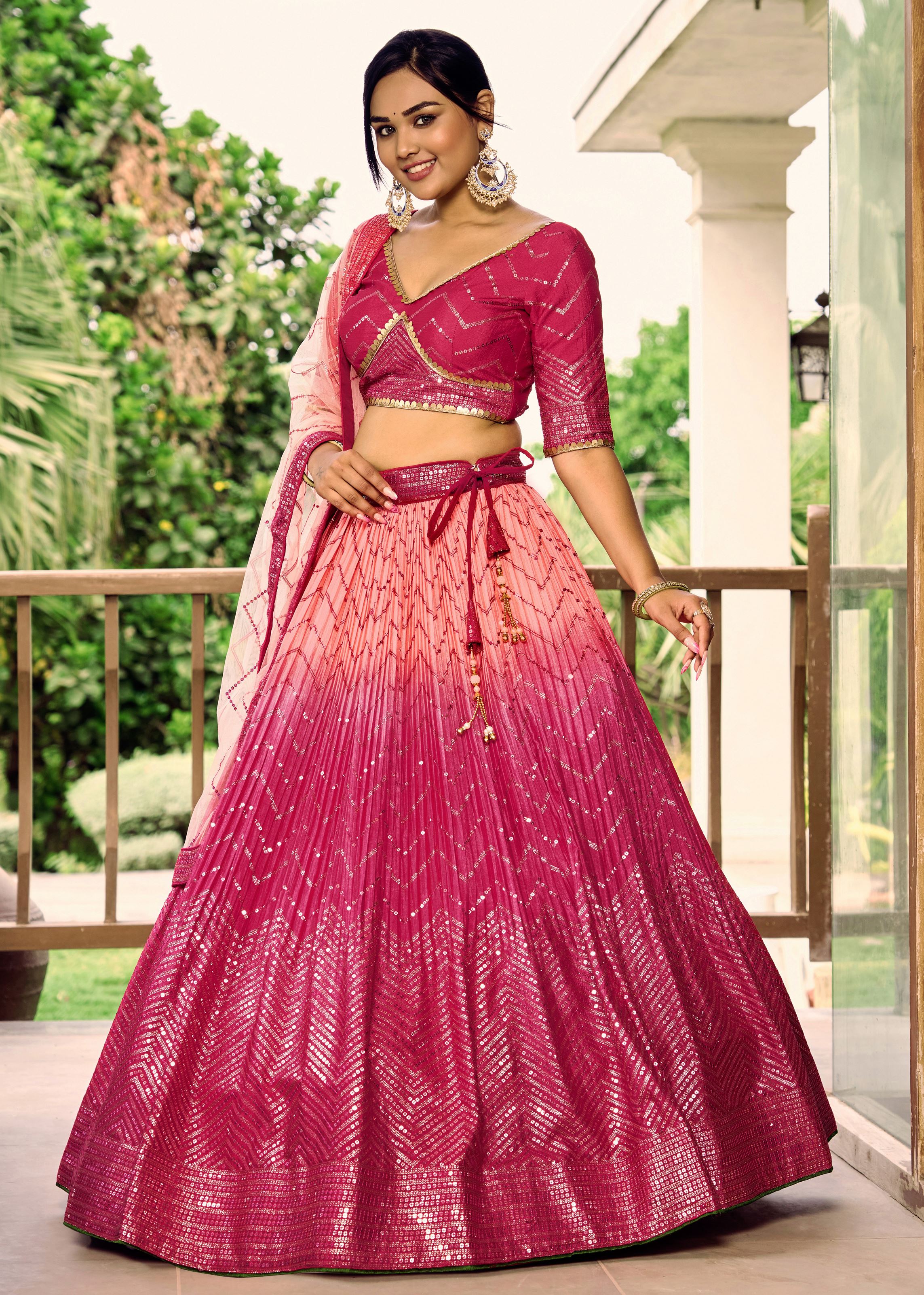 Pink Chinon Lehenga Choli With Sequins, Thread Embroidery Work