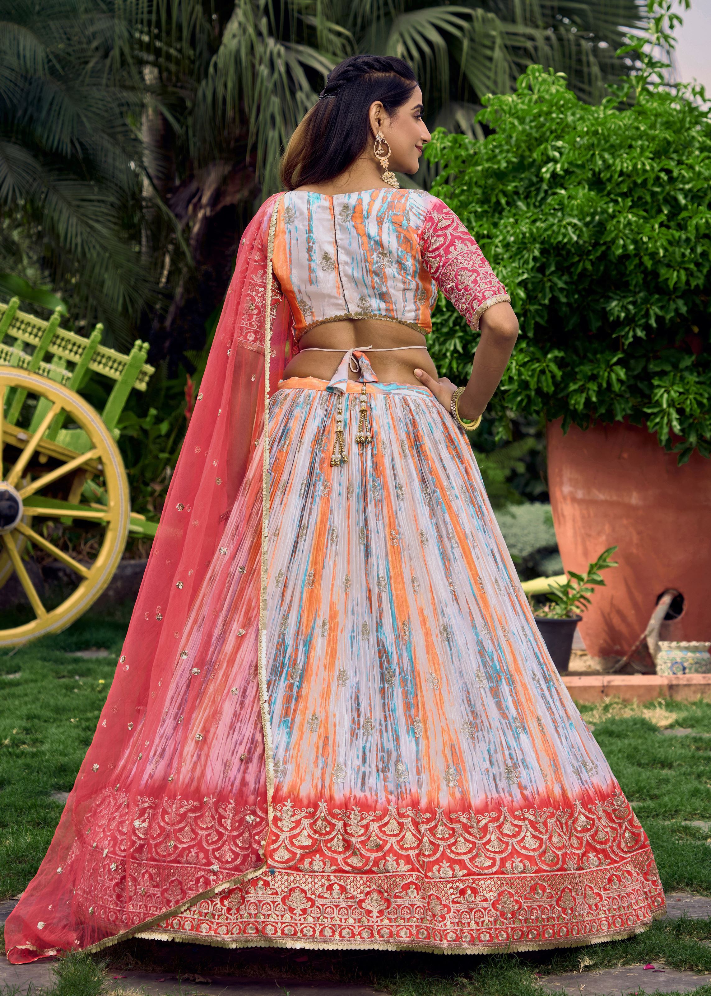 Pink Chinon Lehenga Choli With Sequins, Zari Embroidery Work with Digital Print