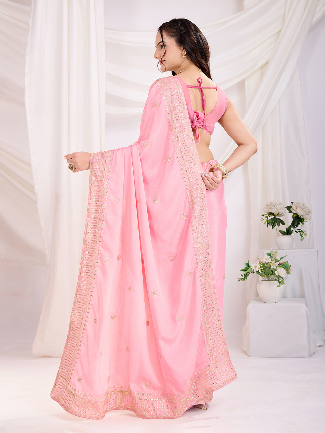 Pink Chinon Silk Desigenr Zari Embroidered Ceremonial Saree