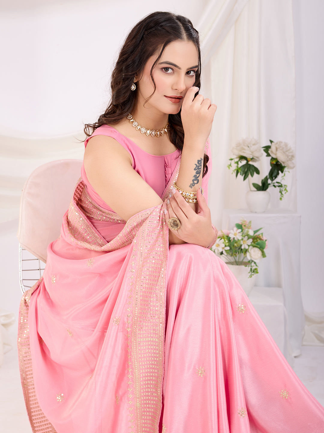 Pink Chinon Silk Desigenr Zari Embroidered Ceremonial Saree