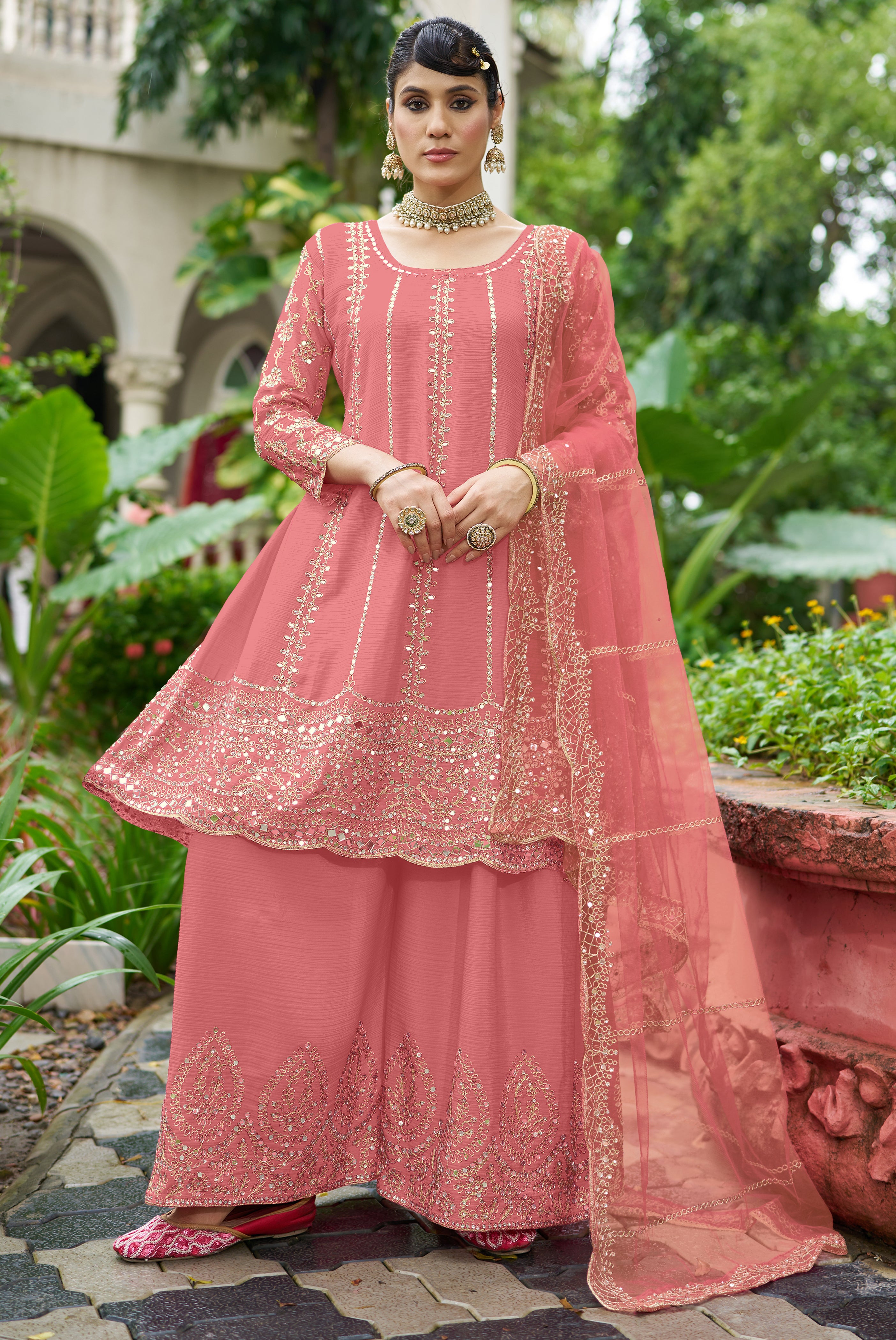 Pink Chinon Silk Salwar Suit With Real Mirror Work