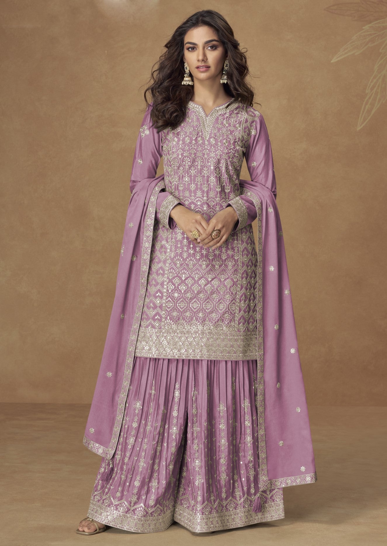 Pink Chinon Silk Salwar Suit With Zari Sequin Embroidery