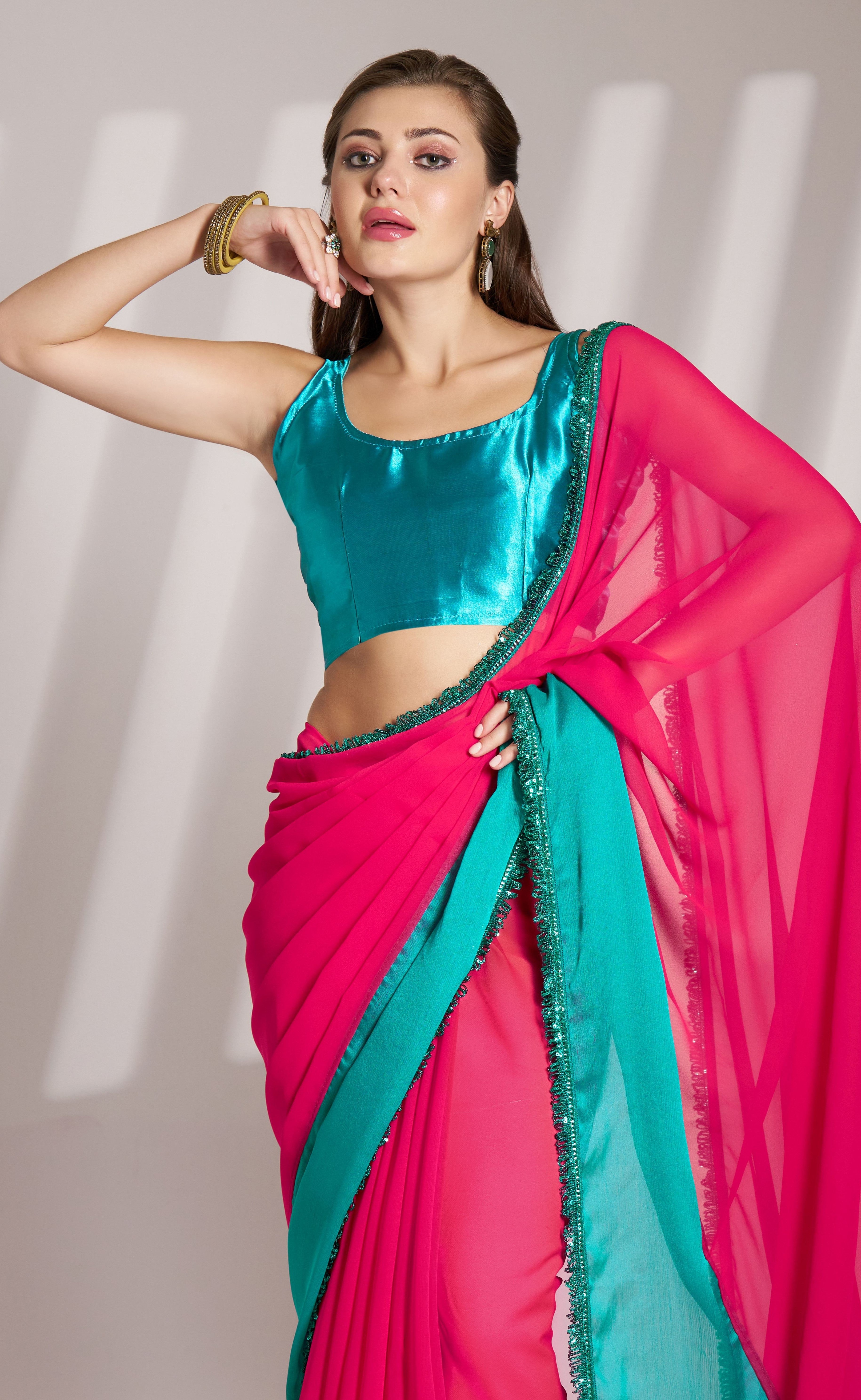 Pink Colour Bollywood Style Chiffon Girlie Saree