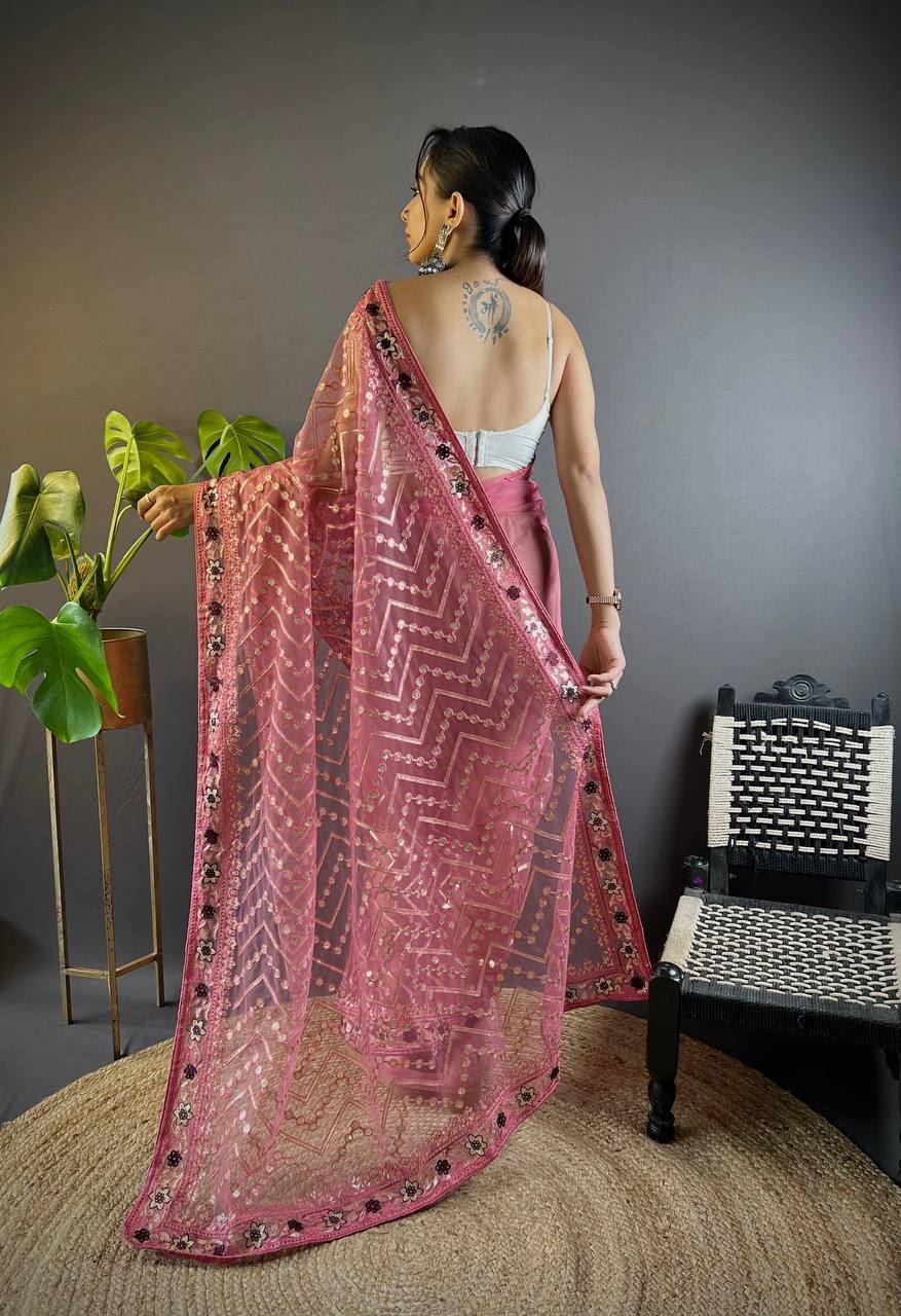 Pink Colour Butterfly Net Embrodiery Work Saree