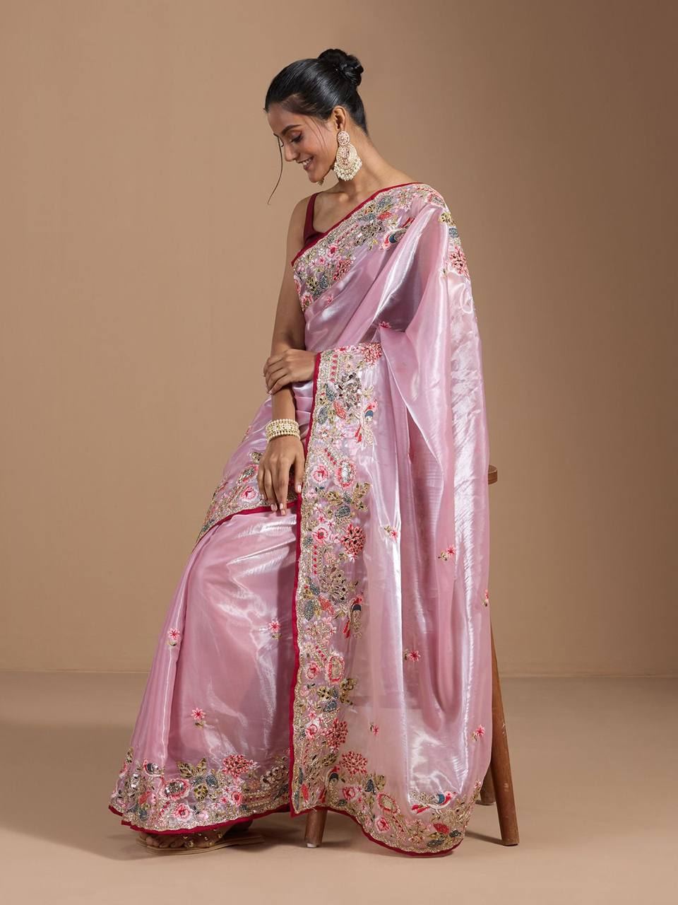 Pink Colour Organza Silk Heavy Work Saree