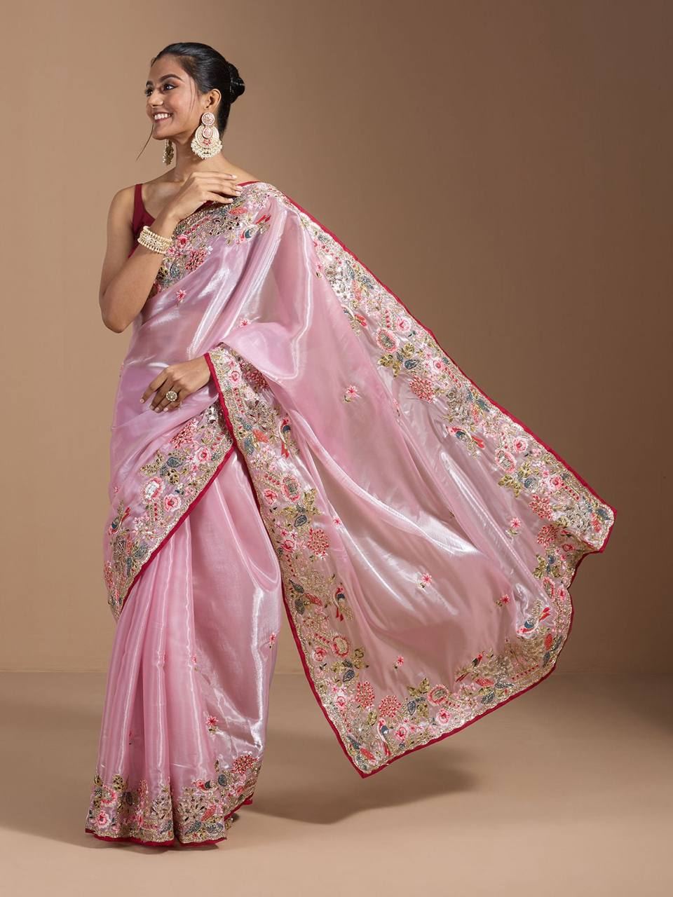 Pink Colour Organza Silk Heavy Work Saree